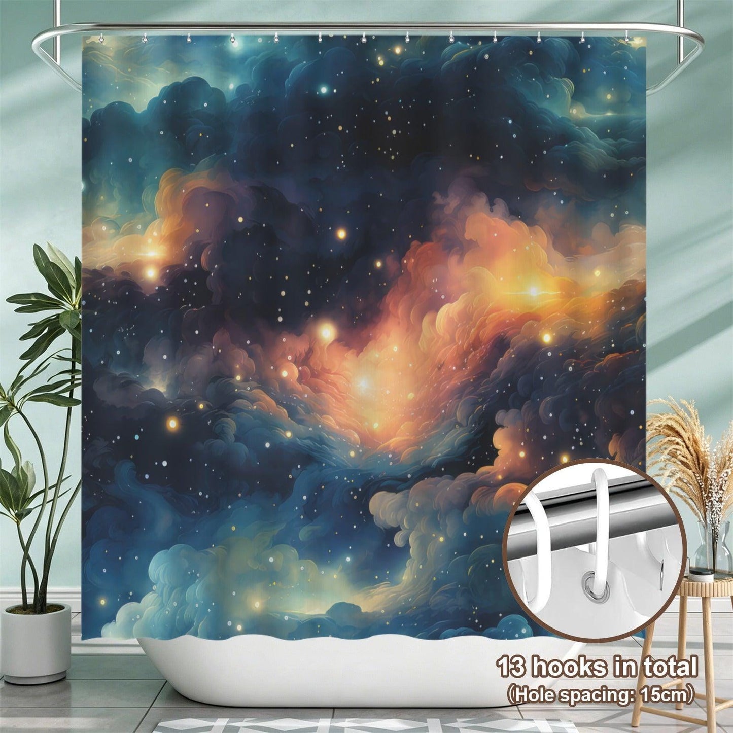 Galaxy Nebula Shower Curtain, Blue Space Bathroom Decor, Cosmic Starry Guest Bath Accent