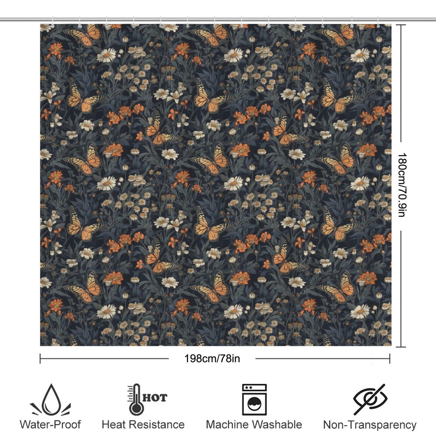 Monarch Butterfly Floral Shower Curtain, Dark Cottagecore Botanical Bath Decor