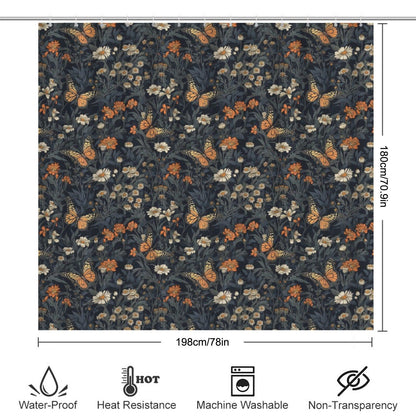 Monarch Butterfly Floral Shower Curtain, Dark Cottagecore Botanical Bath Decor