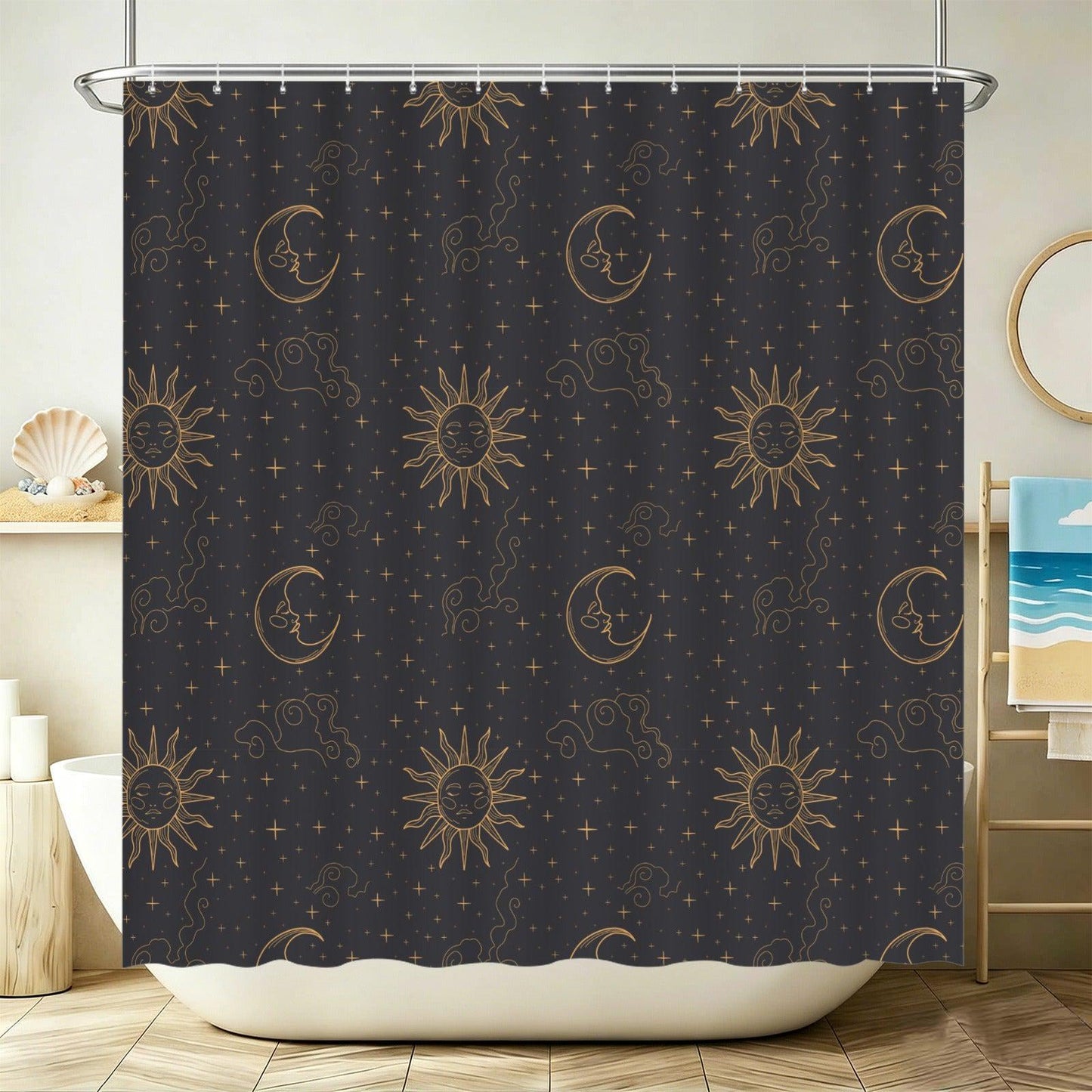 Sun Moon Shower Curtain, Celestial Astrology Bathroom Decor, Starry Night Boho Guest Bath Accent