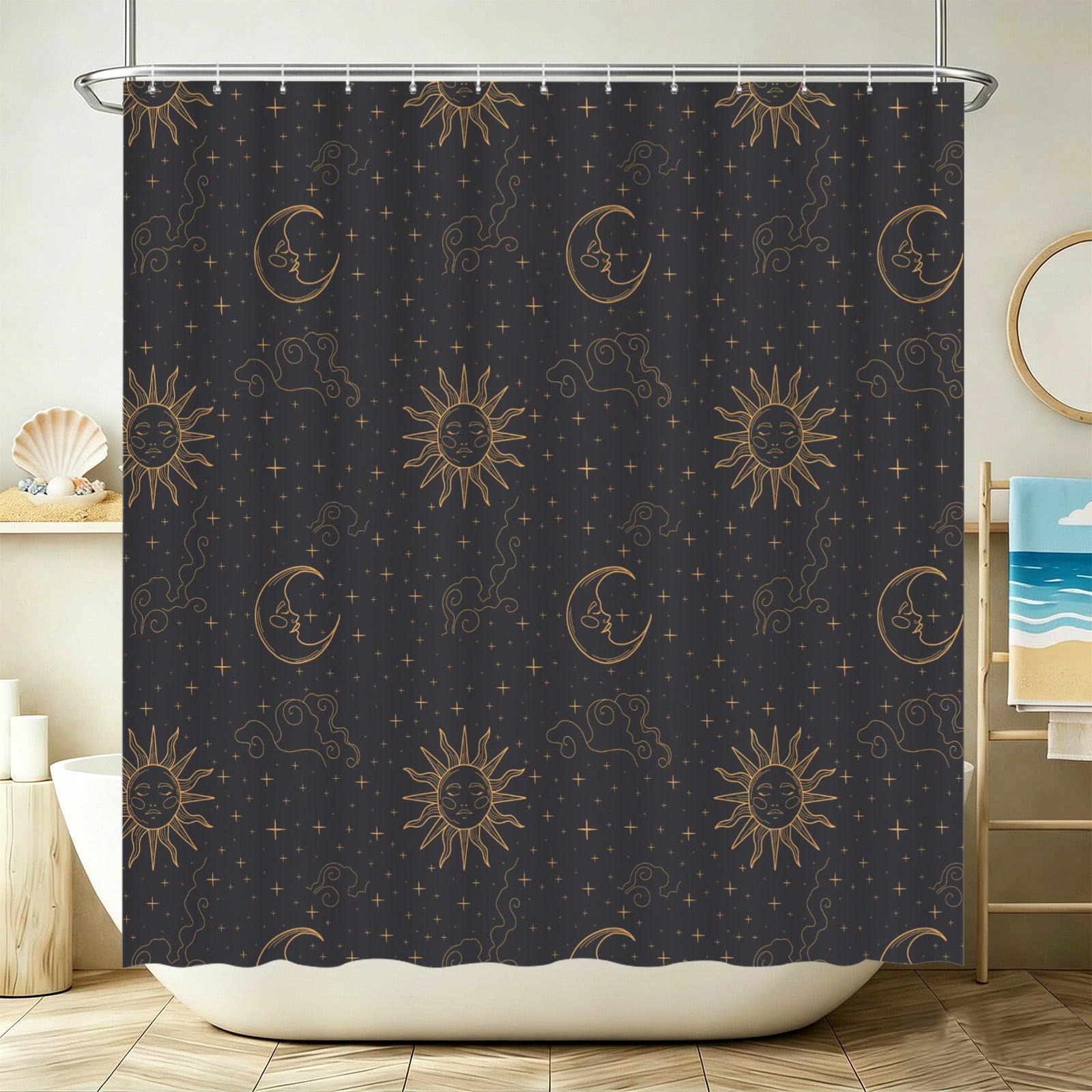 Sun Moon Shower Curtain, Celestial Astrology Bathroom Decor, Starry Night Boho Guest Bath Accent