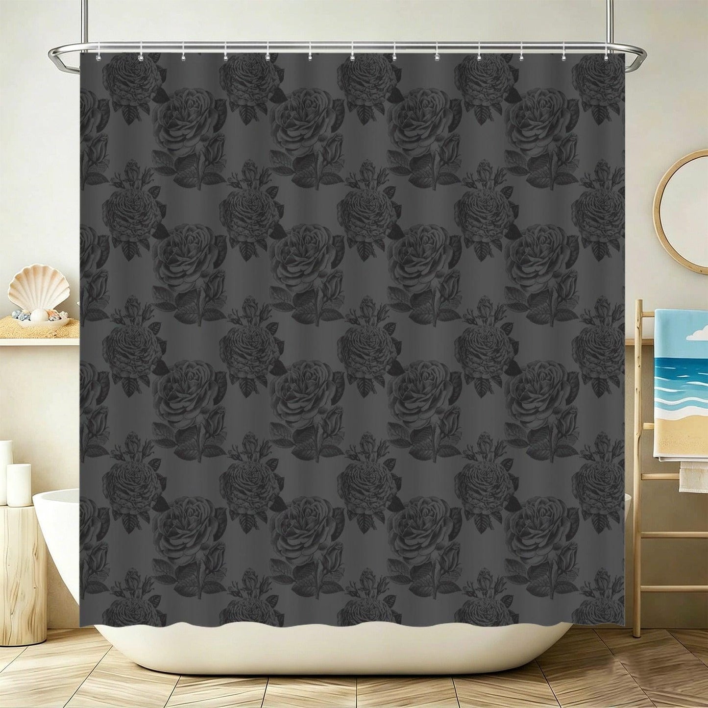 Dark Rose Shower Curtain, Black Botanical Bathroom Decor, Moody Romantic Gothic Guest Bath Accent