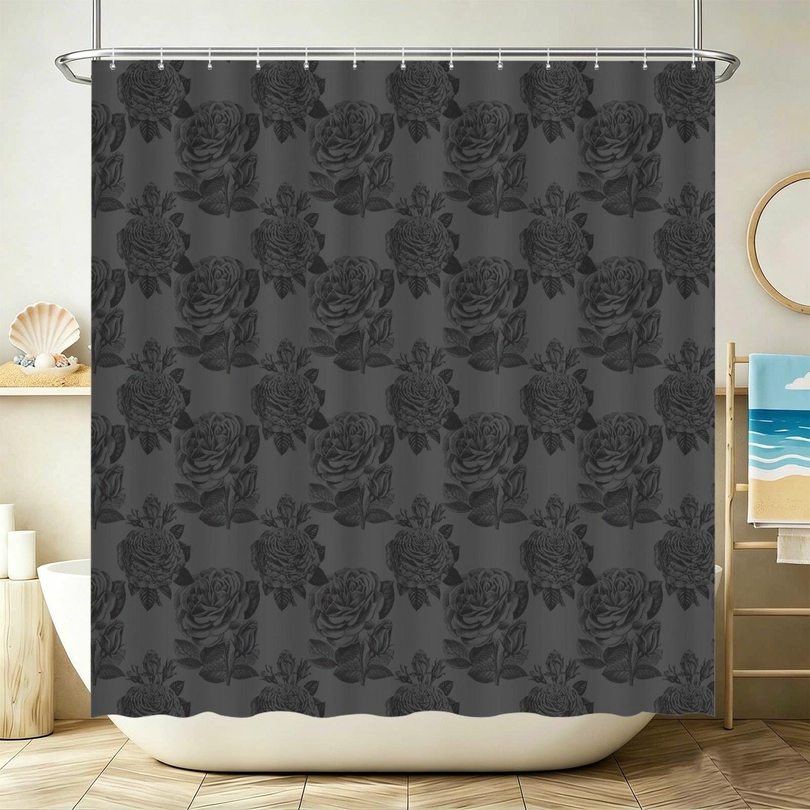 Dark Rose Shower Curtain, Black Botanical Bathroom Decor, Moody Romantic Gothic Guest Bath Accent