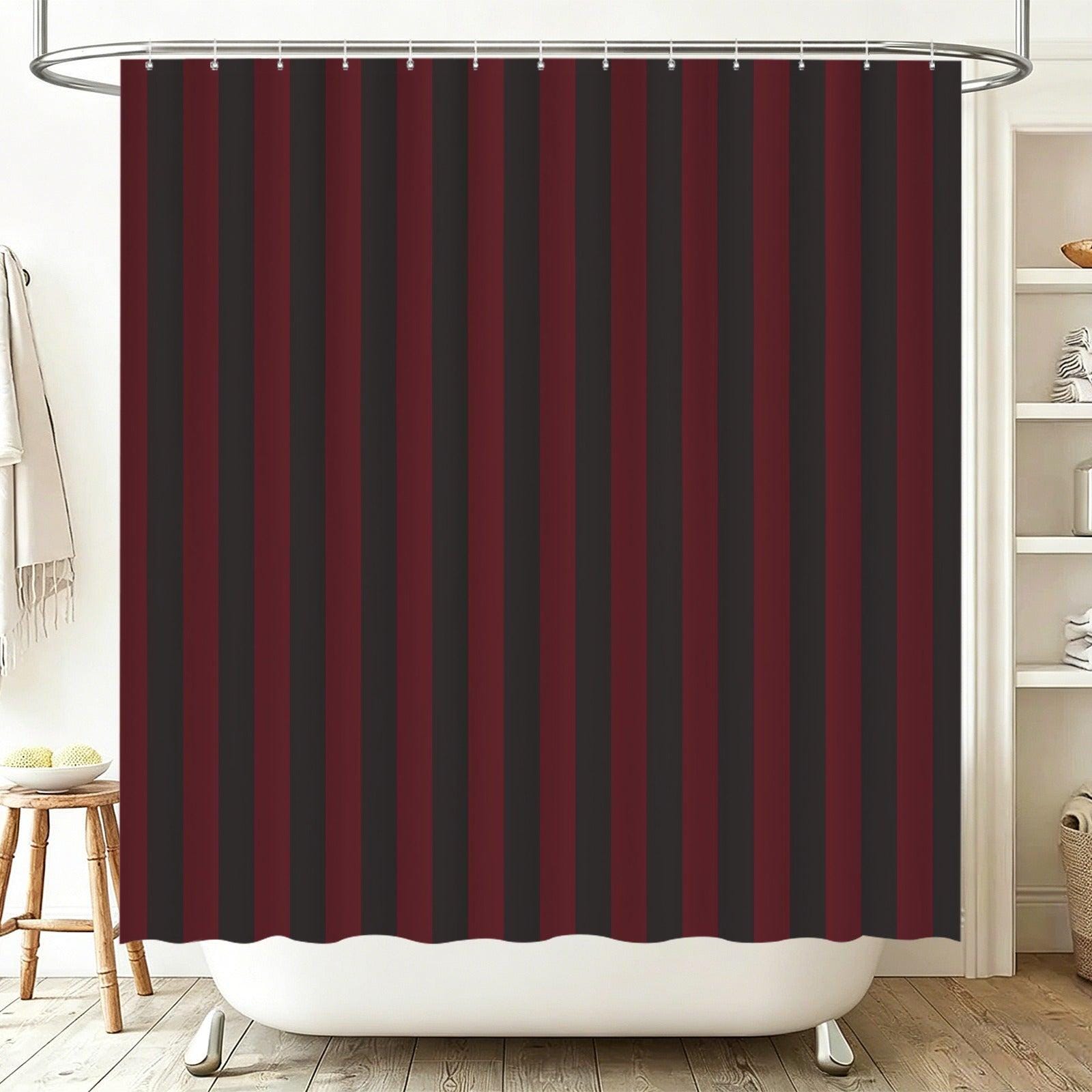 Red Black Vertical Stripe Shower Curtain, Gothic Dark Academia Bath Decor
