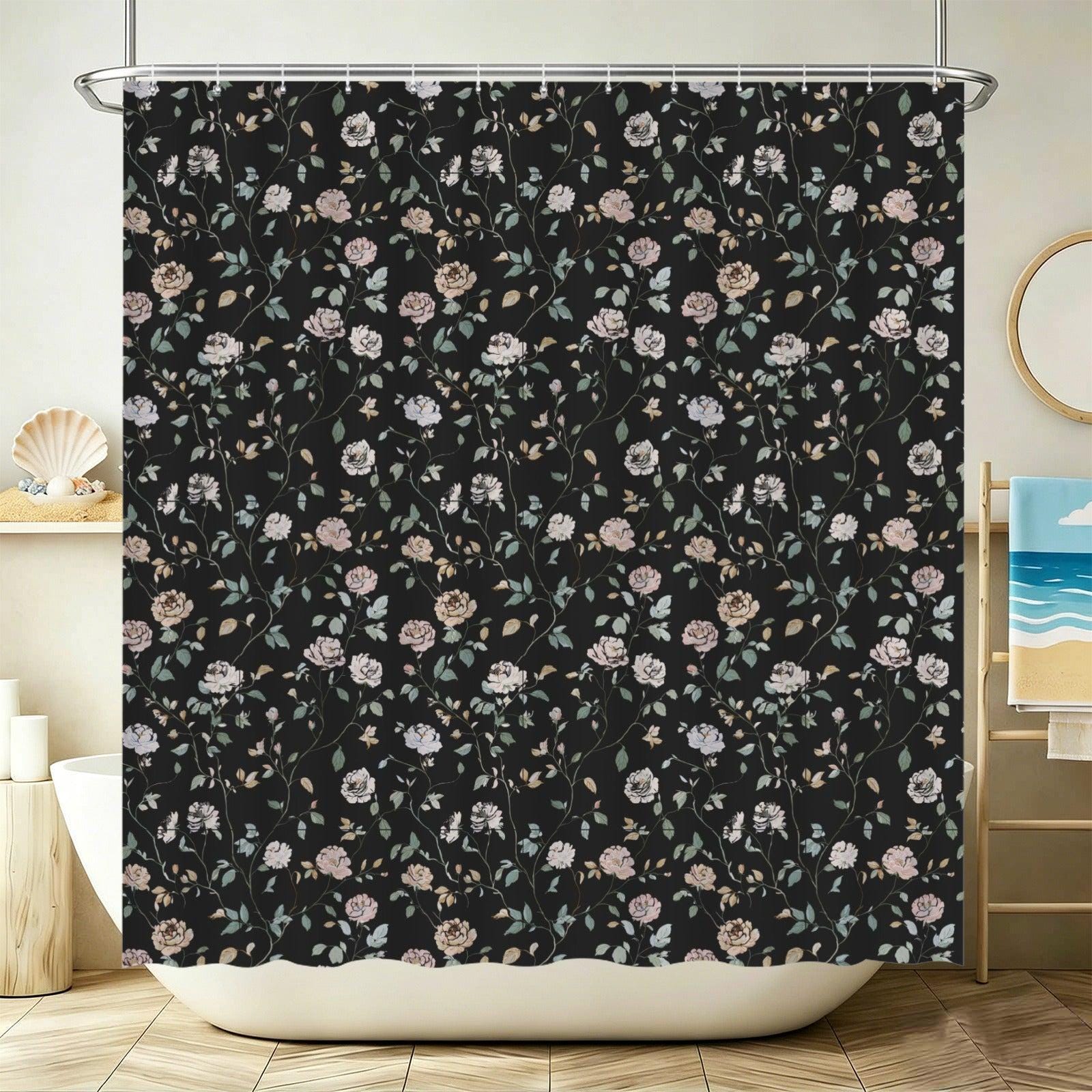 Black Floral Shower Curtain, Vintage Rose Botanical Bath Decor