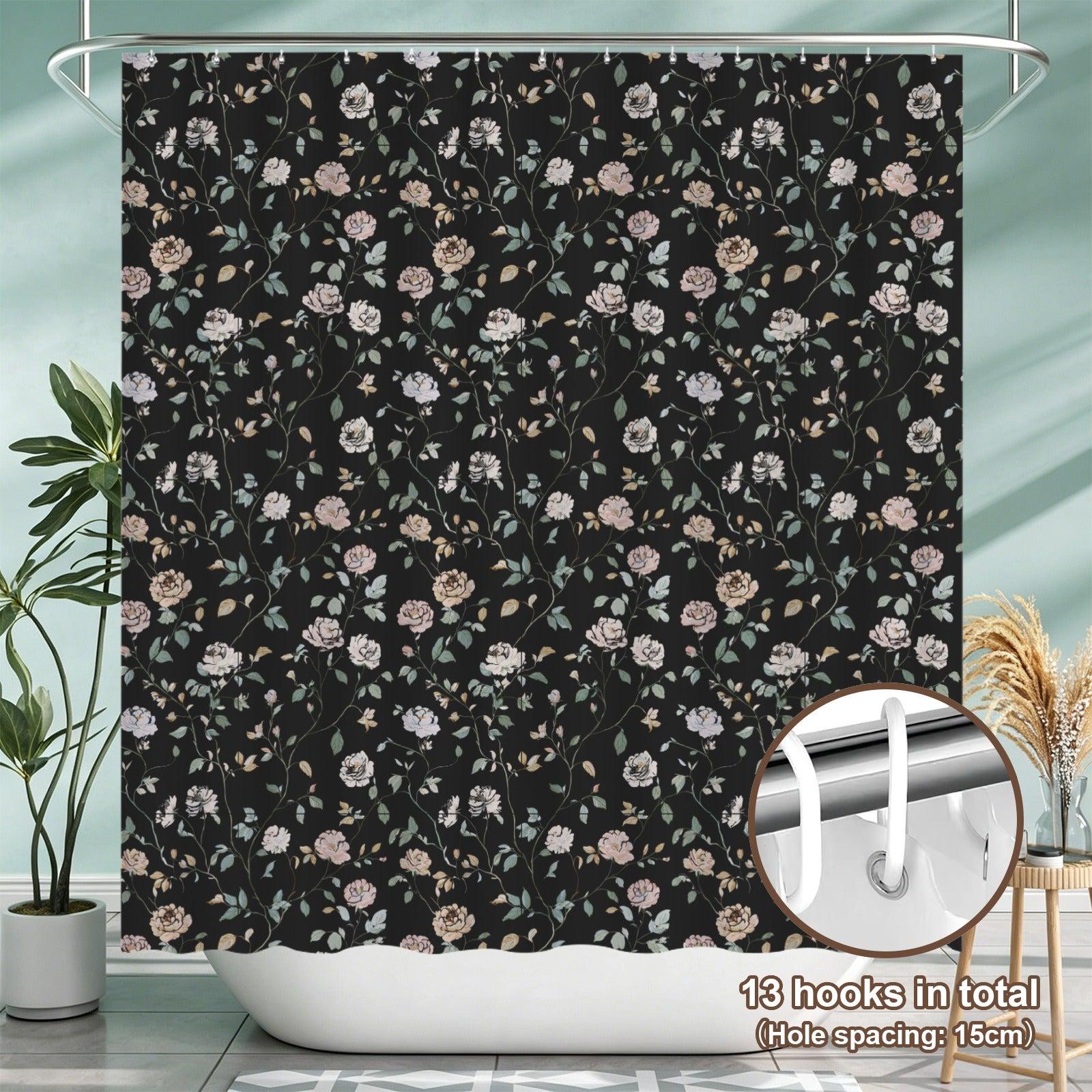 Black Floral Shower Curtain, Vintage Rose Botanical Bath Decor