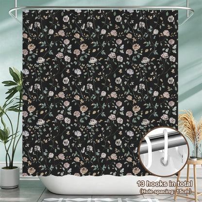 Black Floral Shower Curtain, Vintage Rose Botanical Bath Decor