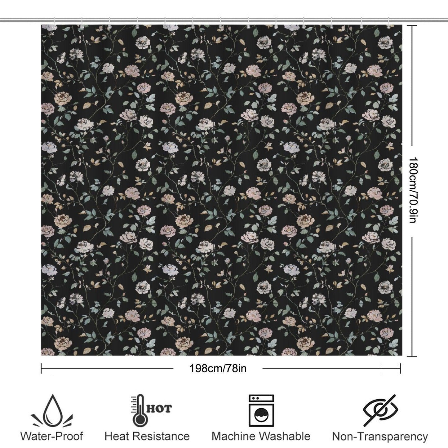 Black Floral Shower Curtain, Vintage Rose Botanical Bath Decor