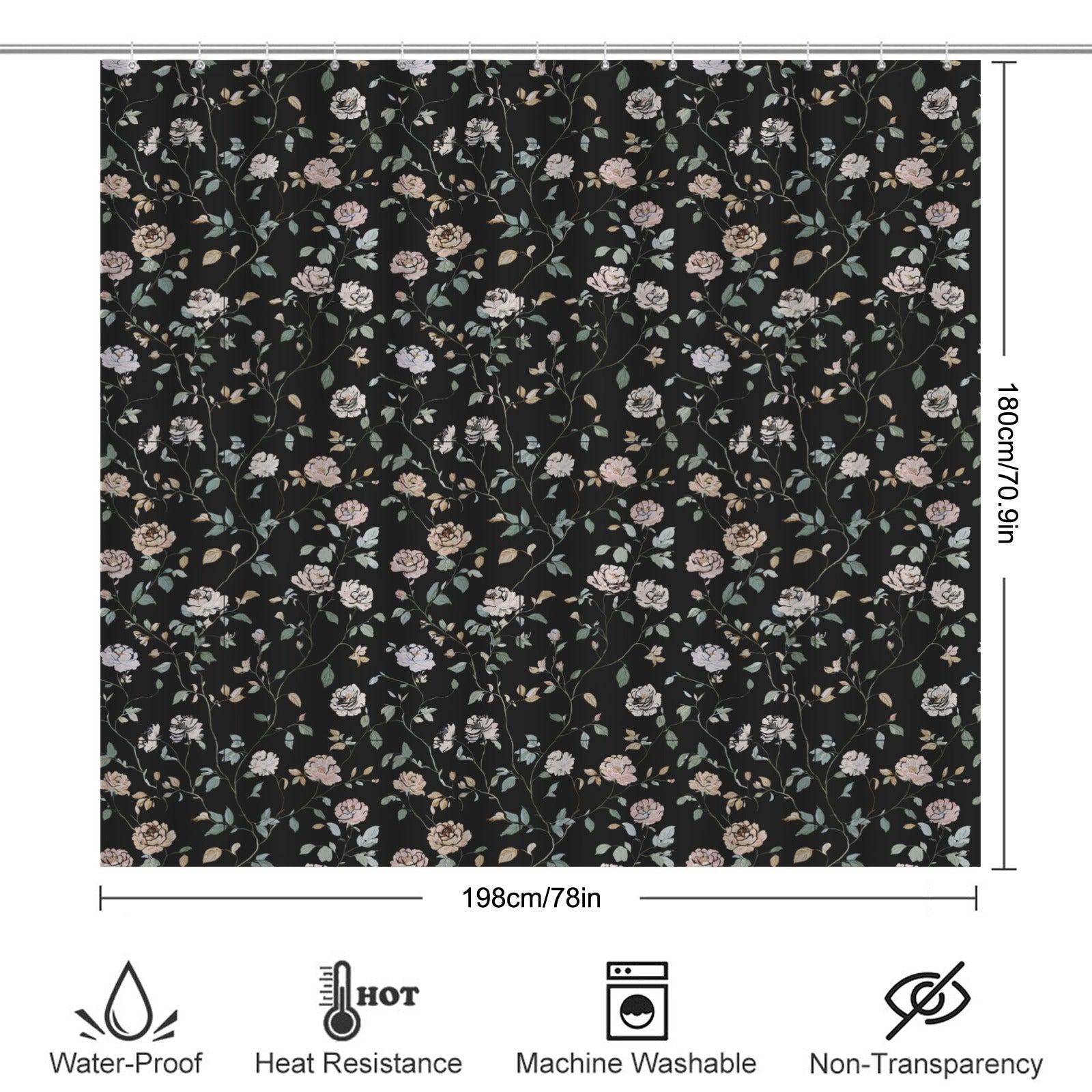 Black Floral Shower Curtain, Vintage Rose Botanical Bath Decor