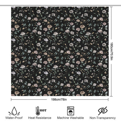 Black Floral Shower Curtain, Vintage Rose Botanical Bath Decor