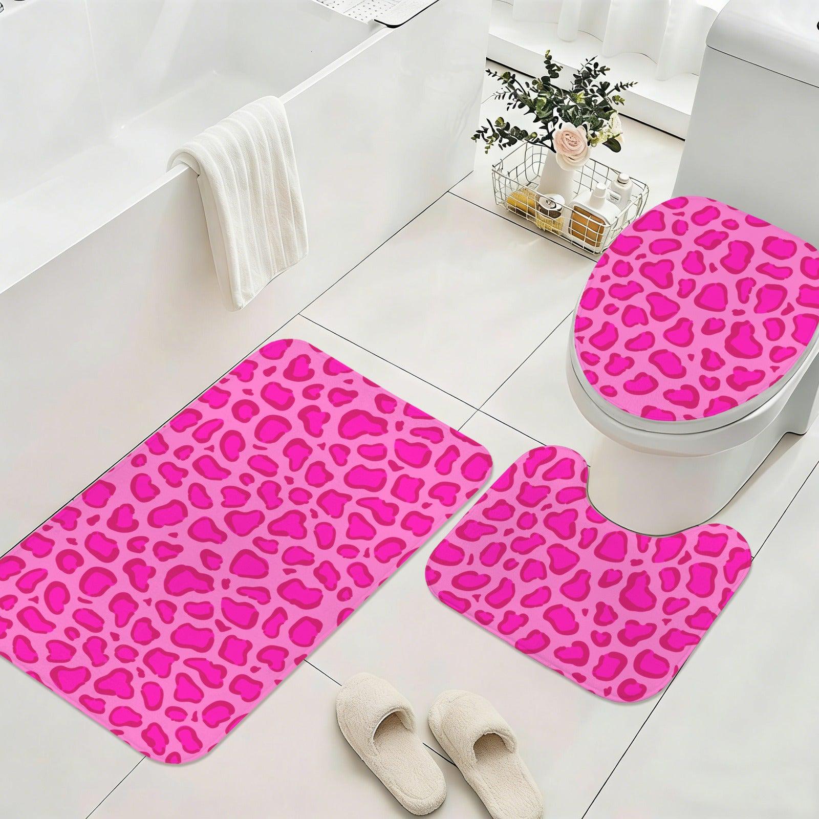 Pink Leopard Bathroom Rug Set, 3 Piece Girly Glam Animal Print Bath Mat