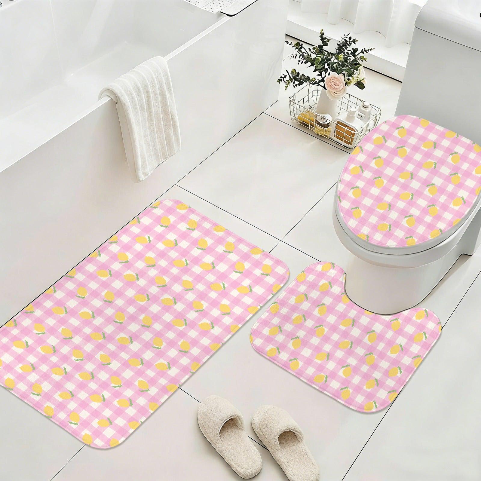 Pink Lemon Gingham Bathroom Rug Set, Summer Citrus Bath Mat Trio