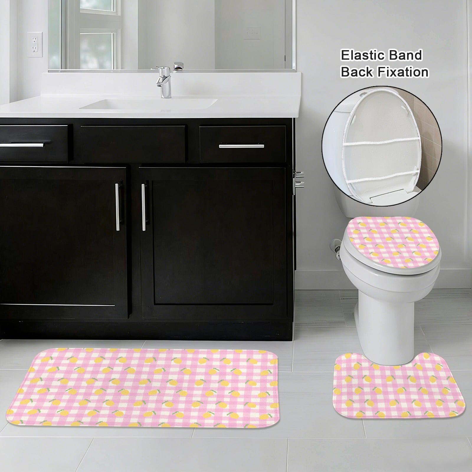 Pink Lemon Gingham Bathroom Rug Set, Summer Citrus Bath Mat Trio