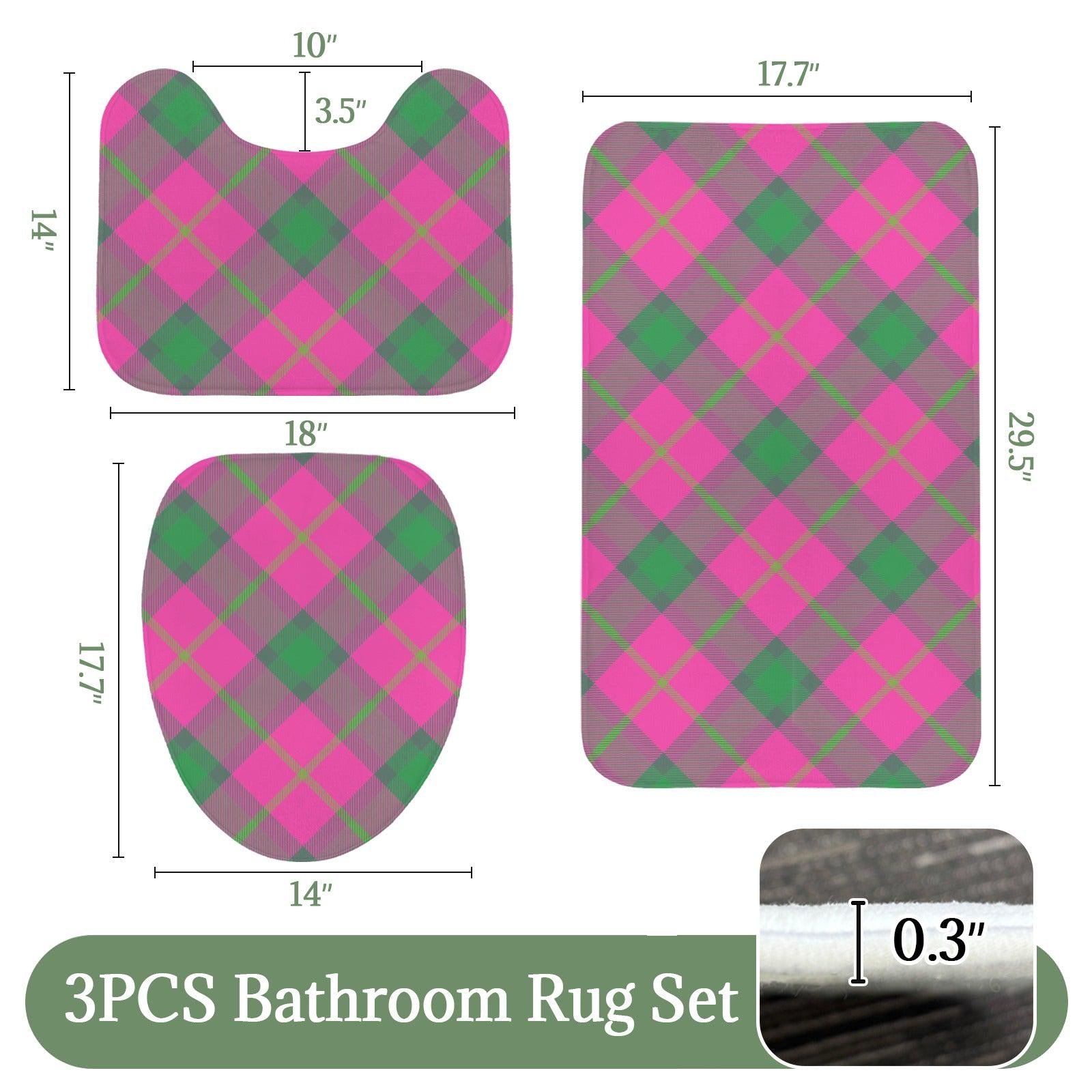Pink Green Plaid Bath Mat Set, Argyle Bathroom Decor, Checkered Toilet Rug Trio