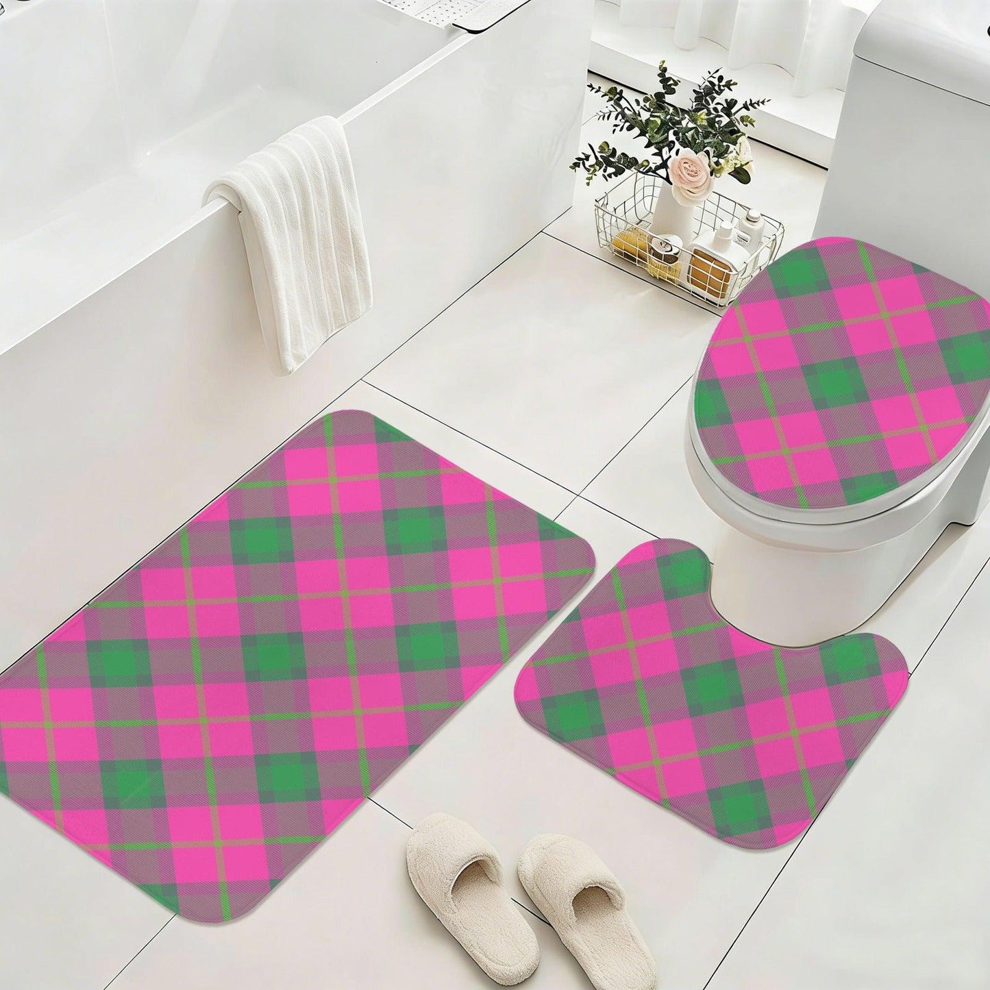 Pink Green Plaid Bath Mat Set, Argyle Bathroom Decor, Checkered Toilet Rug Trio
