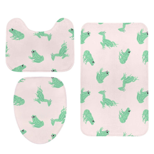 3-Piece Frog Bath Mat Set, Cottagecore Blush Pink Toilet Rugs