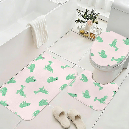 3-Piece Frog Bath Mat Set, Cottagecore Blush Pink Toilet Rugs