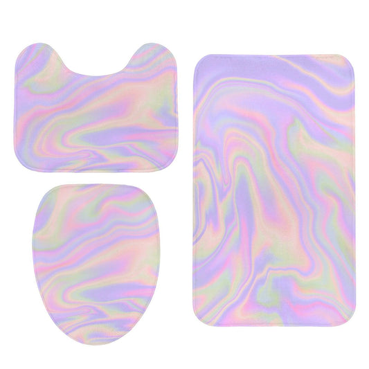 Holographic Pastel Marble Bath Mat Set, Iridescent Lavender 3-Piece Bathroom Rug