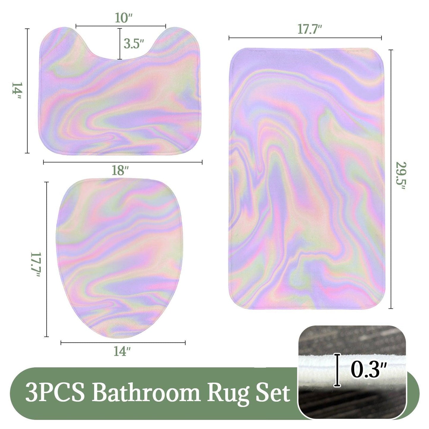 Holographic Pastel Marble Bath Mat Set, Iridescent Lavender 3-Piece Bathroom Rug