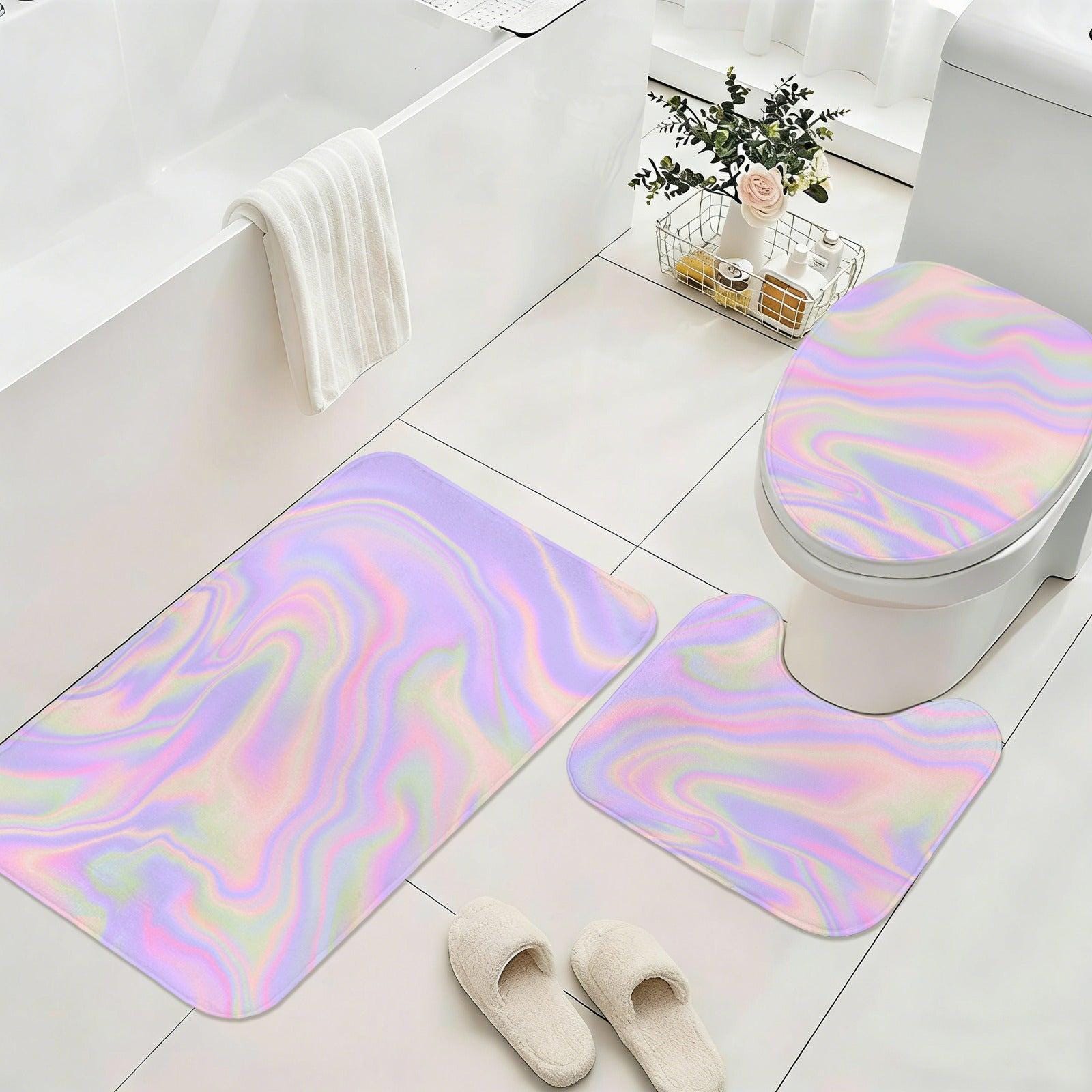 Holographic Pastel Marble Bath Mat Set, Iridescent Lavender 3-Piece Bathroom Rug
