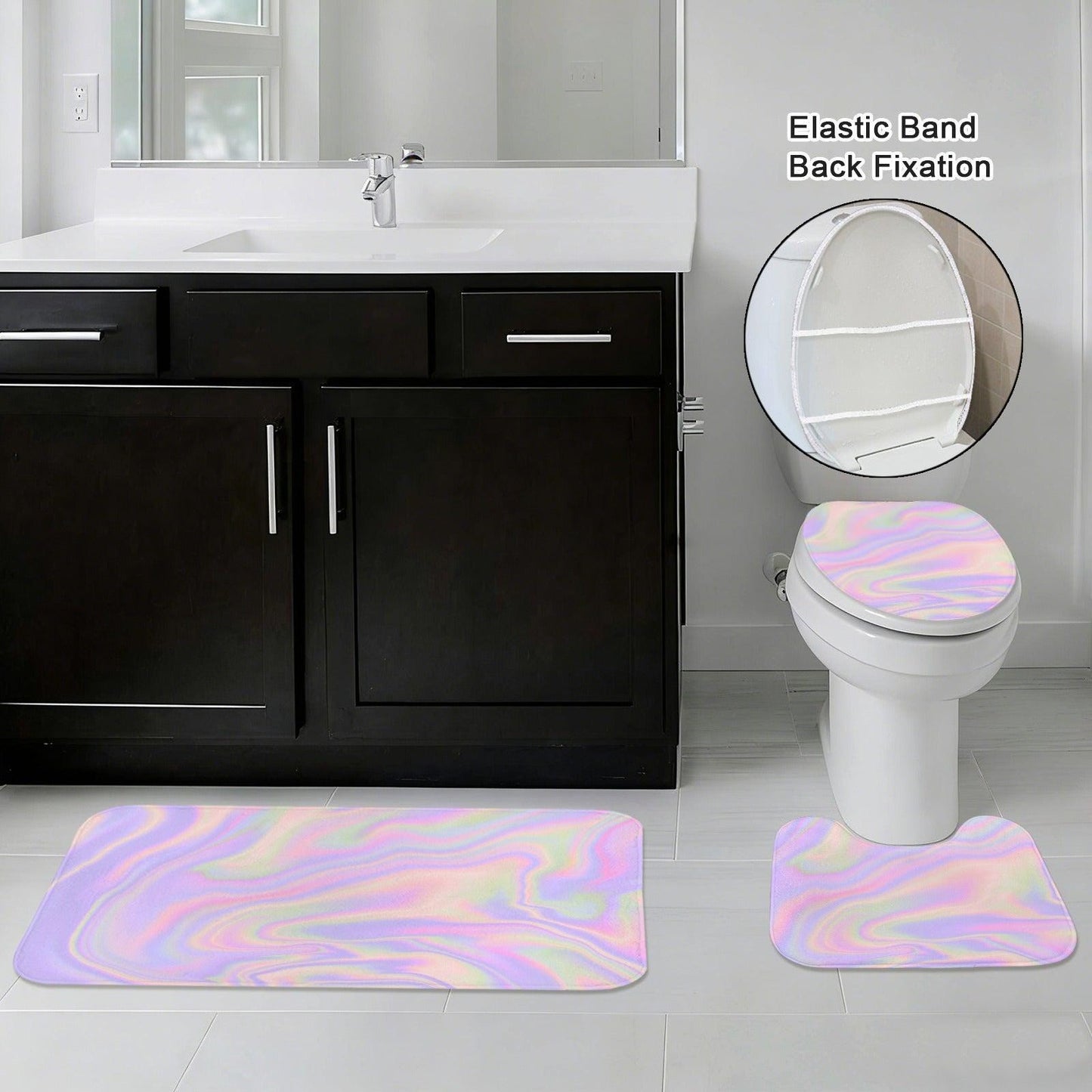 Holographic Pastel Marble Bath Mat Set, Iridescent Lavender 3-Piece Bathroom Rug