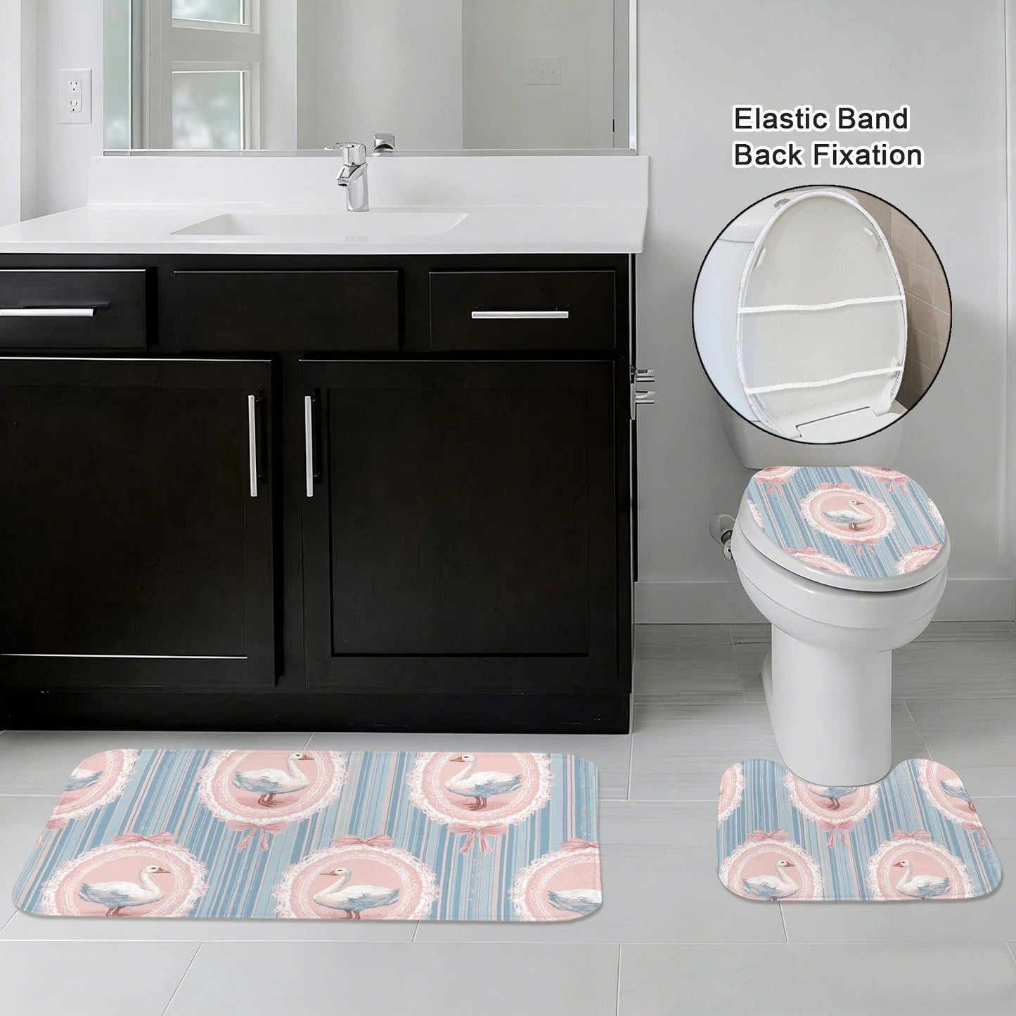 Swan Bathroom Rug Set, Coquette Cottagecore Bath Mat Trio, Pink Blue Powder Room Accessory