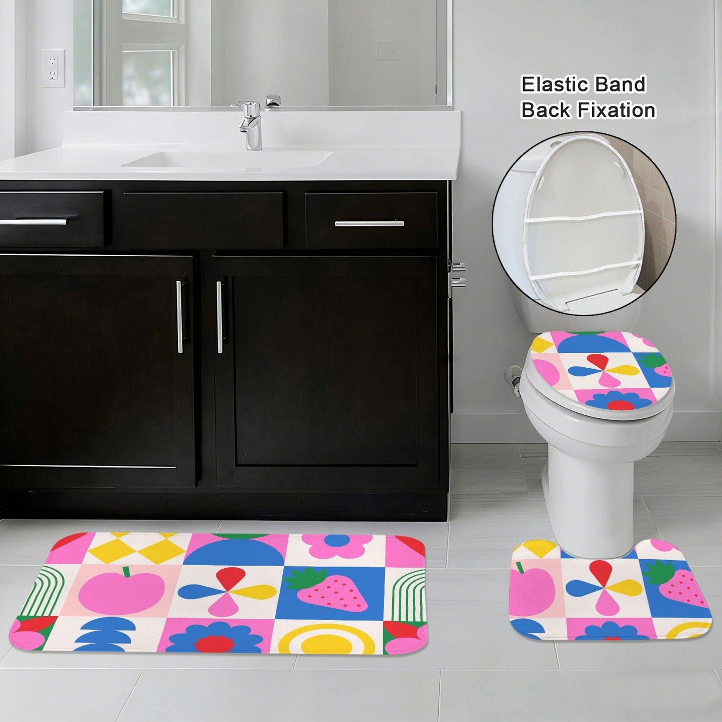 Retro Mod Fruit Bathroom Rug Set, Colorful Geometric 3-Piece Bath Mat