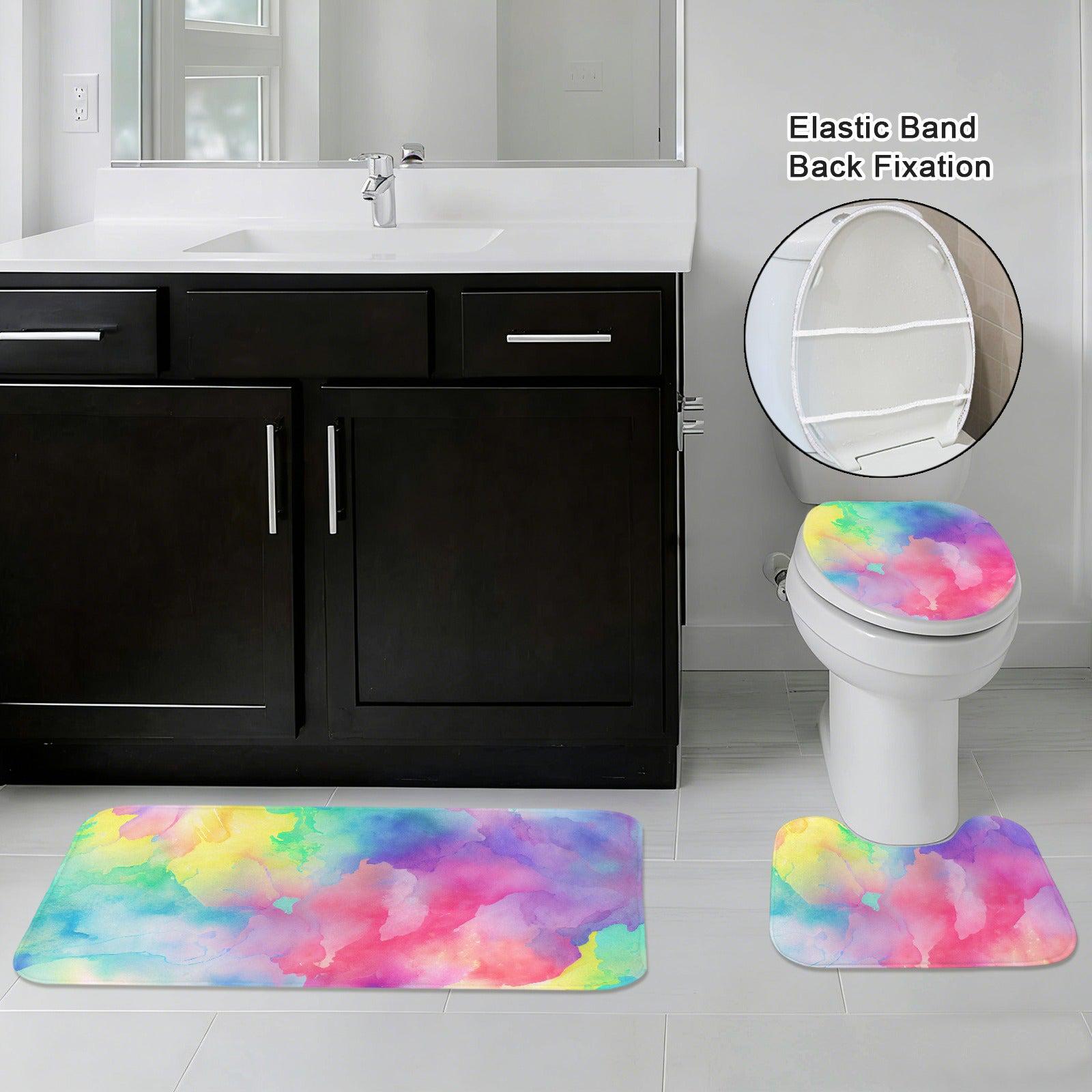 Pastel Watercolor Rainbow Bathroom Rug Set, Boho Bath Mats, Contour Toilet Rug
