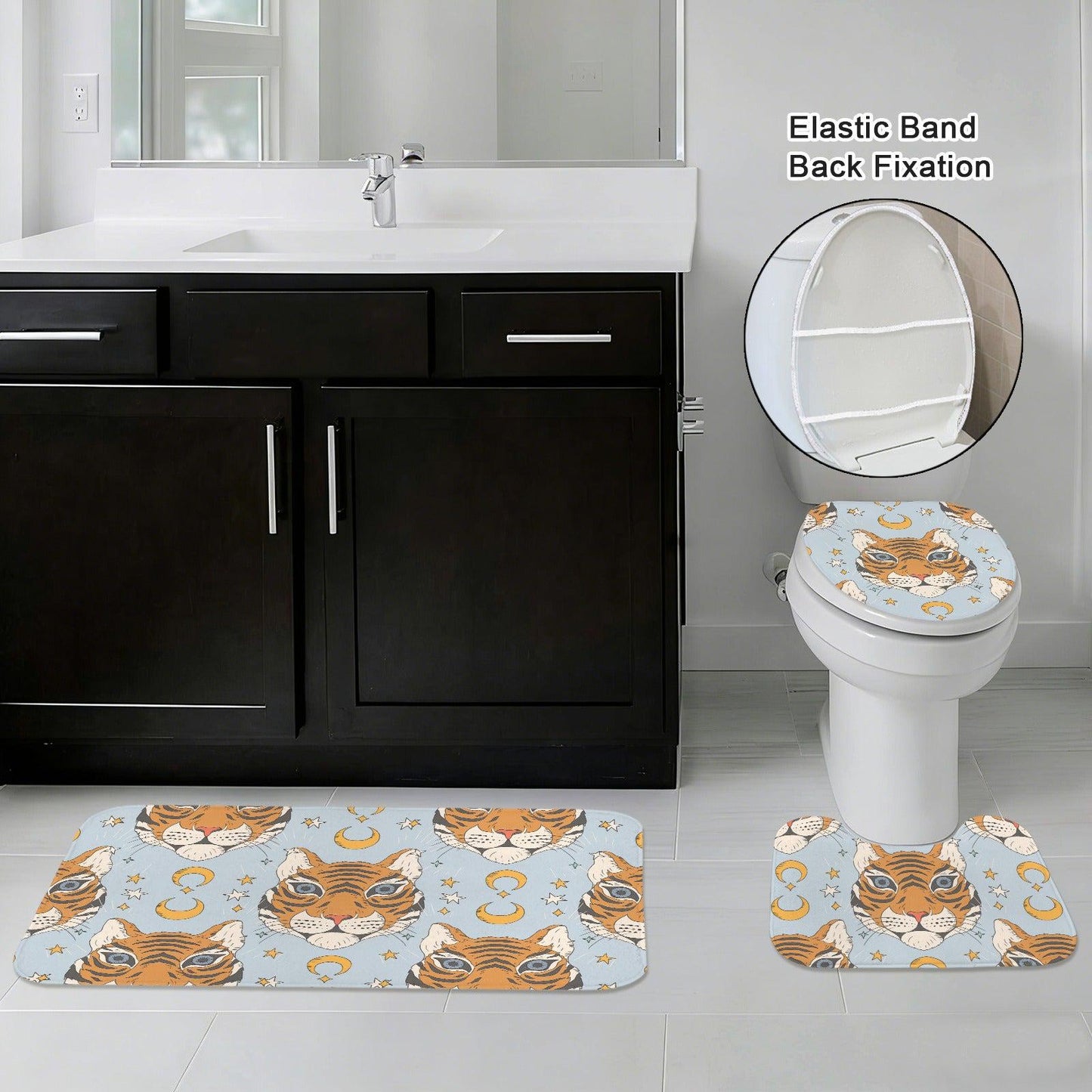 Boho Tiger Celestial Bath Rug Set, Moon Stars Bathroom Decor, Whimsical Tiger Mat