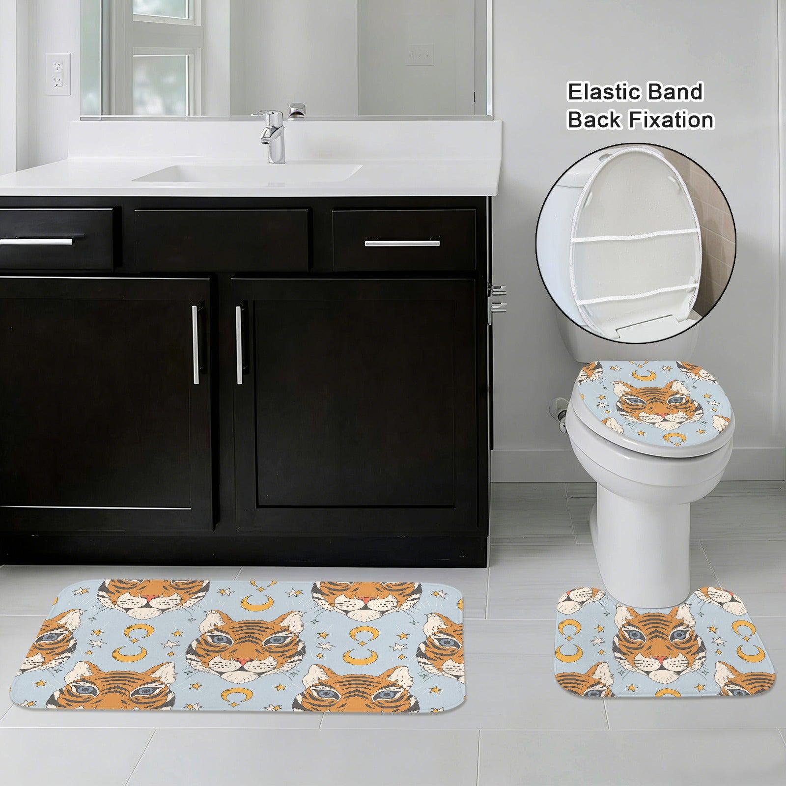 Boho Tiger Celestial Bath Rug Set, Moon Stars Bathroom Decor, Whimsical Tiger Mat