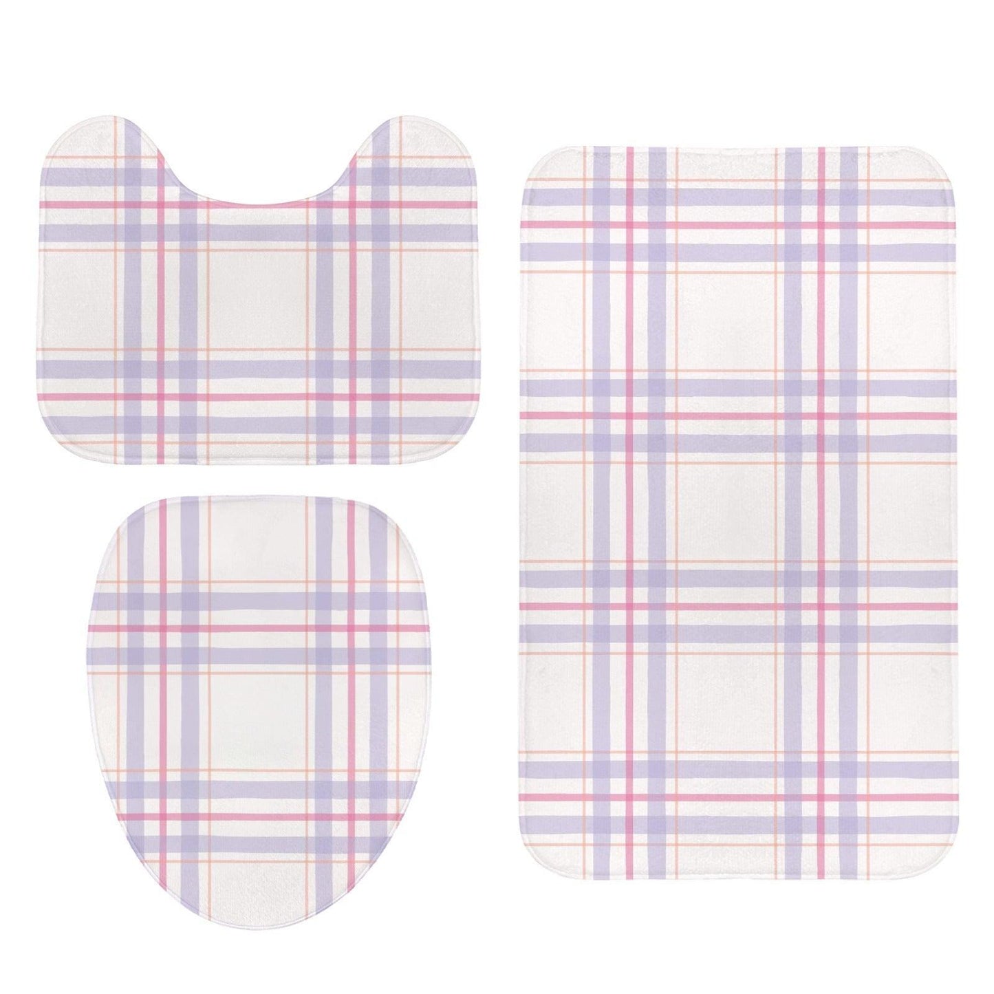 Plaid Bathroom Rug Set, Lavender Pink Bath Mat Trio, Preppy Cottage Toilet Contour Rug