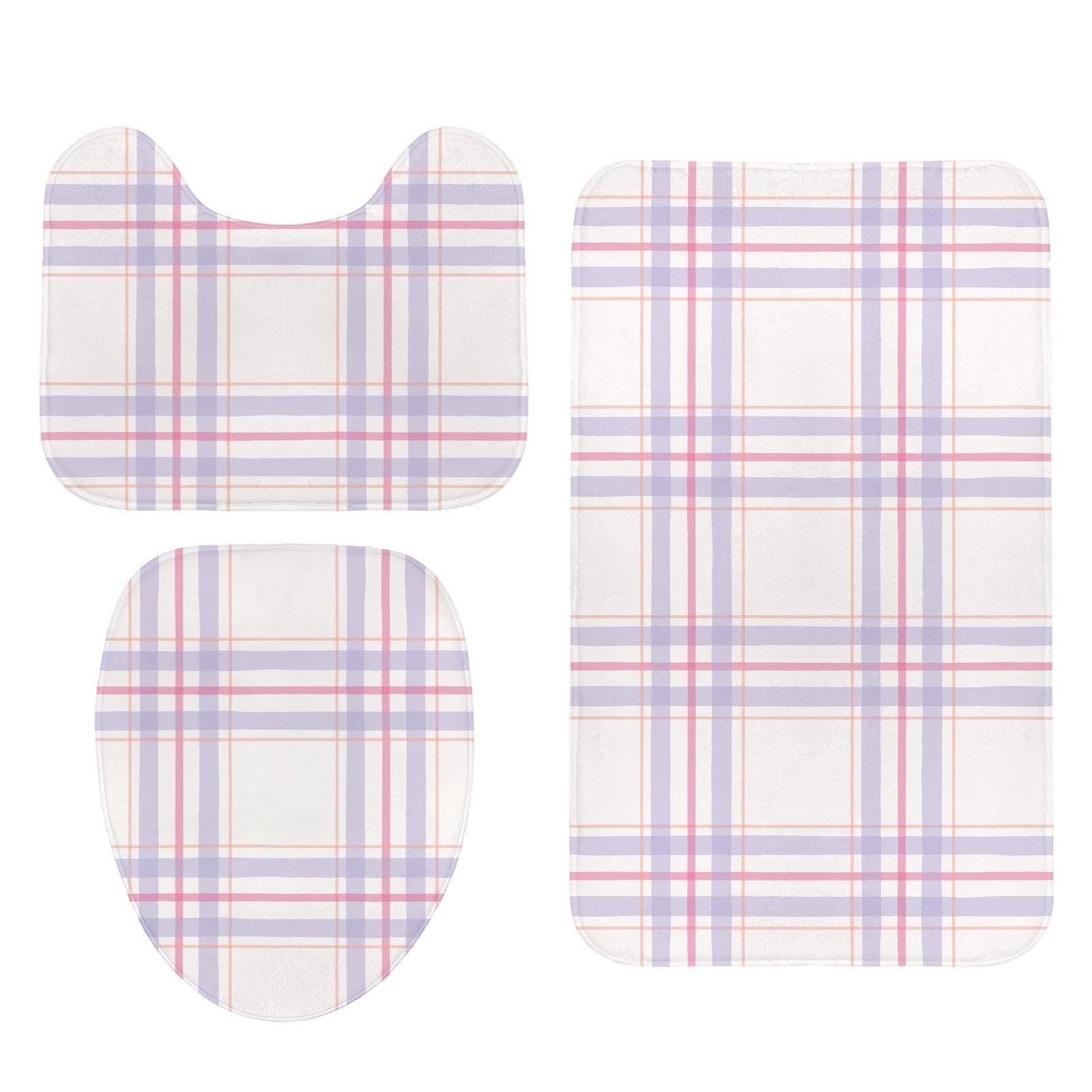 Plaid Bathroom Rug Set, Lavender Pink Bath Mat Trio, Preppy Cottage Toilet Contour Rug