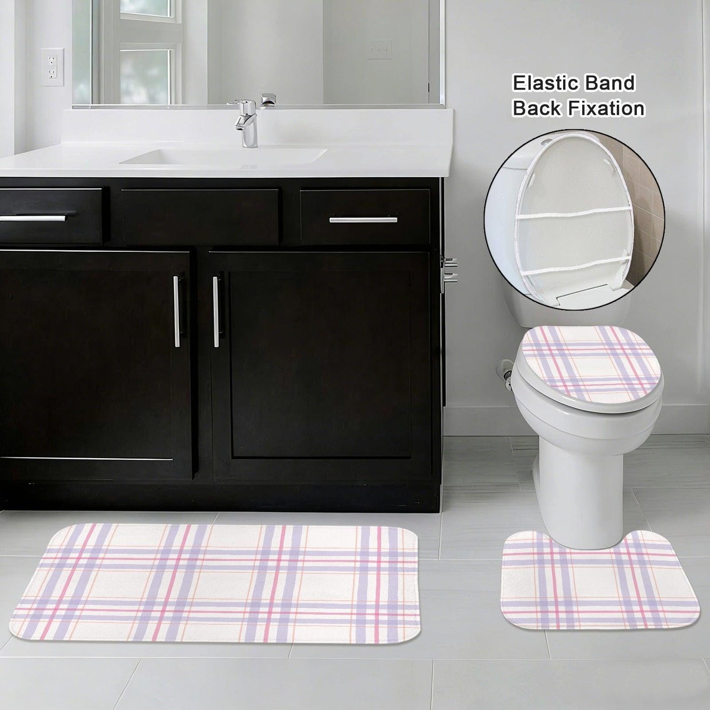 Plaid Bathroom Rug Set, Lavender Pink Bath Mat Trio, Preppy Cottage Toilet Contour Rug