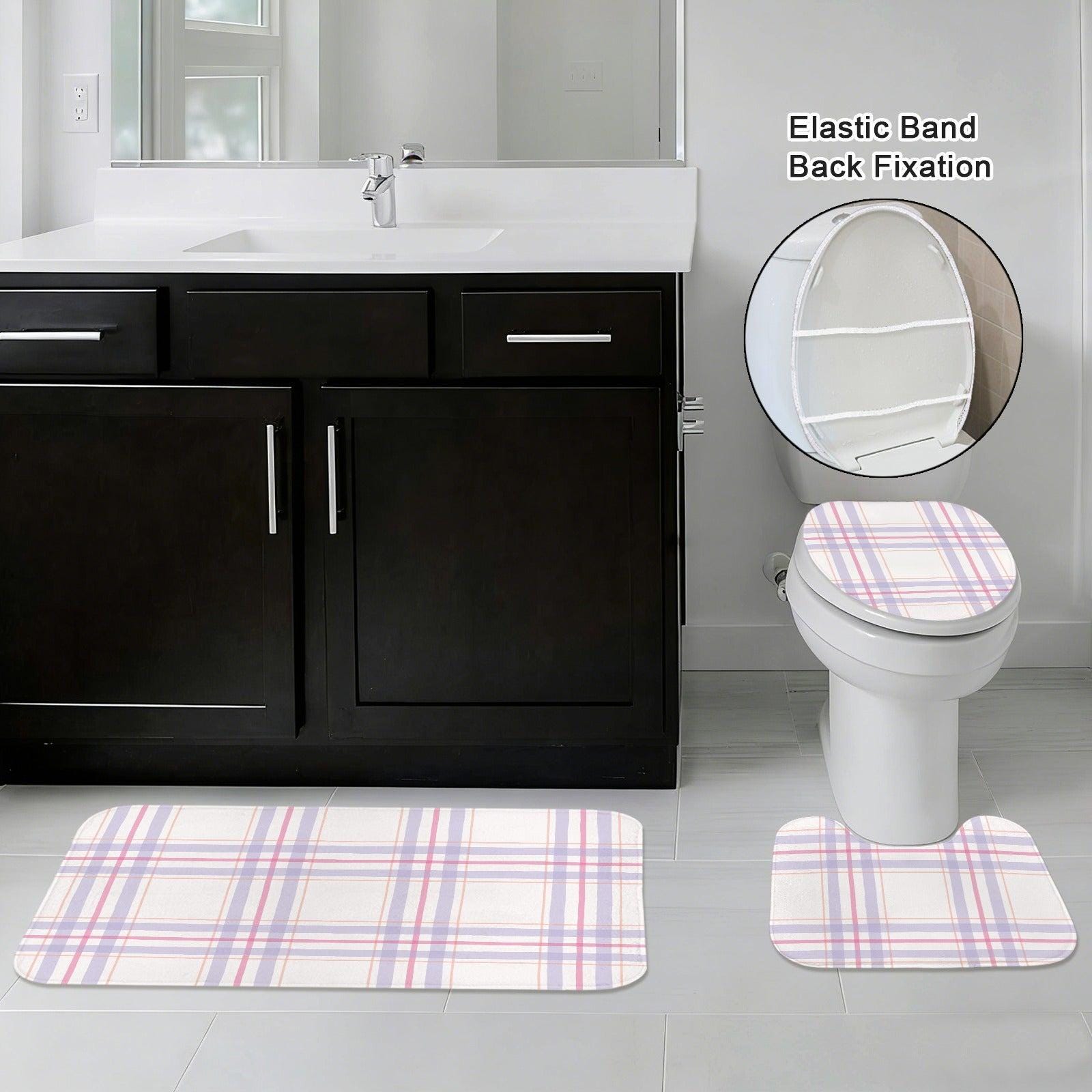 Plaid Bathroom Rug Set, Lavender Pink Bath Mat Trio, Preppy Cottage Toilet Contour Rug