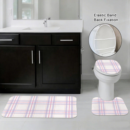 Plaid Bathroom Rug Set, Lavender Pink Bath Mat Trio, Preppy Cottage Toilet Contour Rug