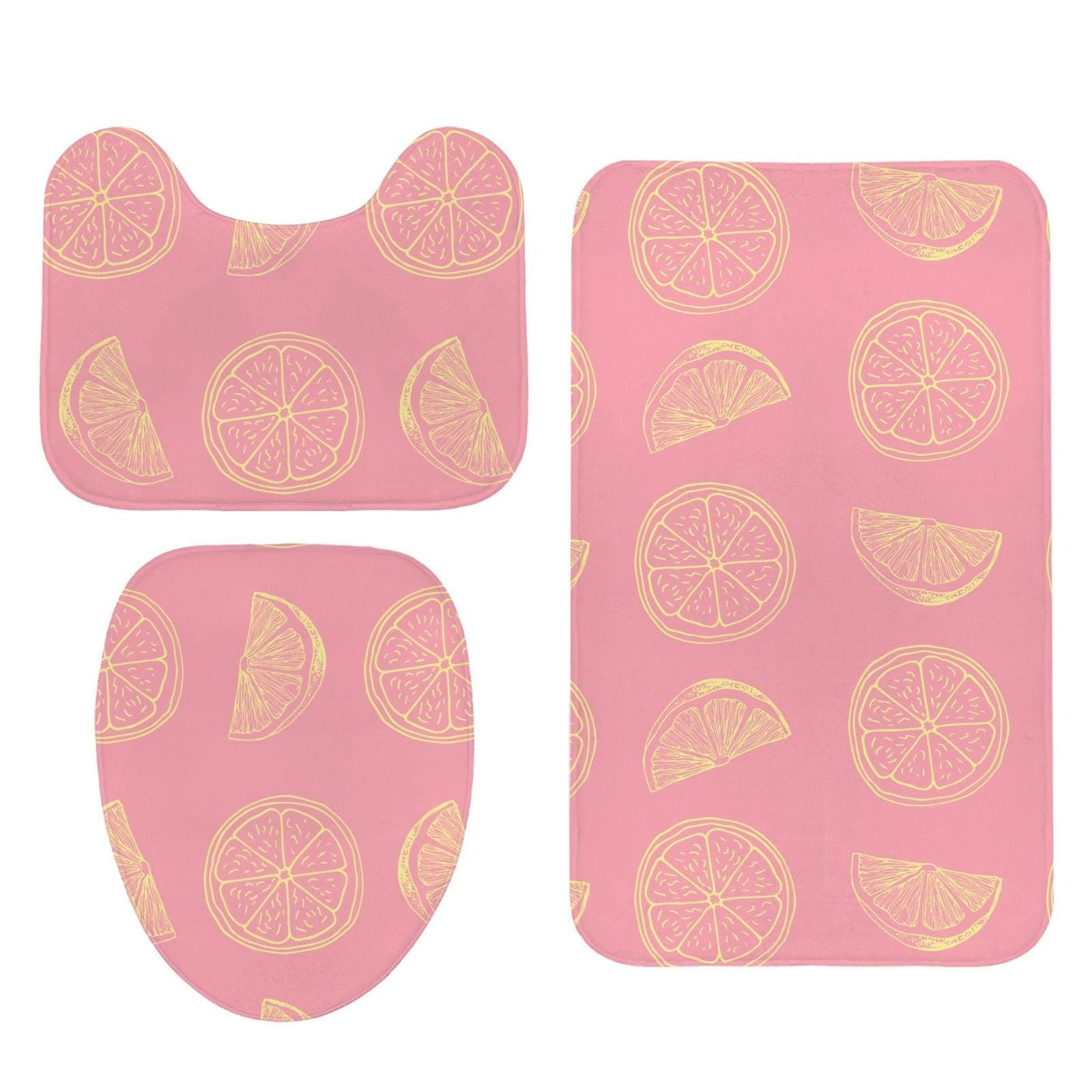 Pink Citrus Bathroom Rug Set, Lemon Grapefruit Slices Summer Decor Trio