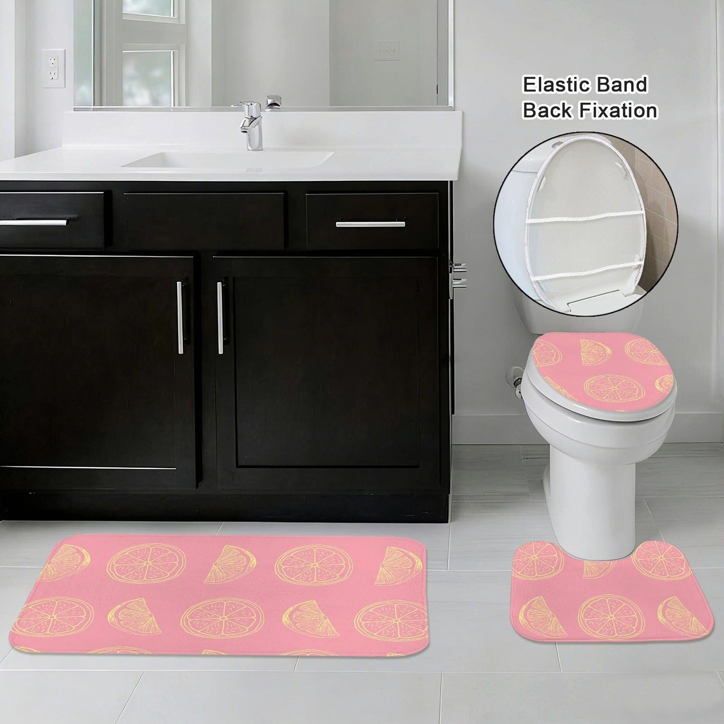 Pink Citrus Bathroom Rug Set, Lemon Grapefruit Slices Summer Decor Trio