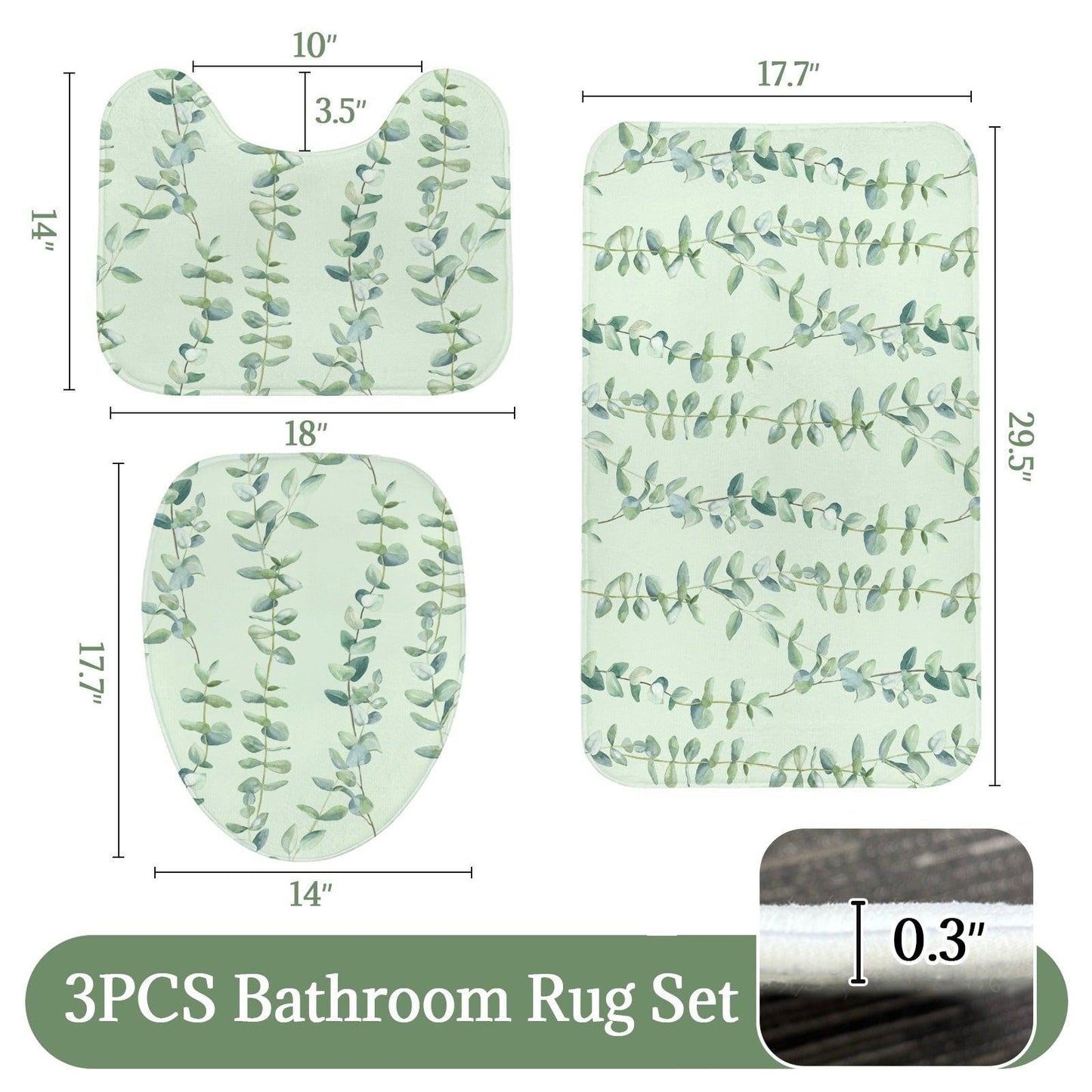 Eucalyptus Bathroom Rug Set, Sage Green Leaf Bath Mat, 3-Piece Spa Style Toilet Rug