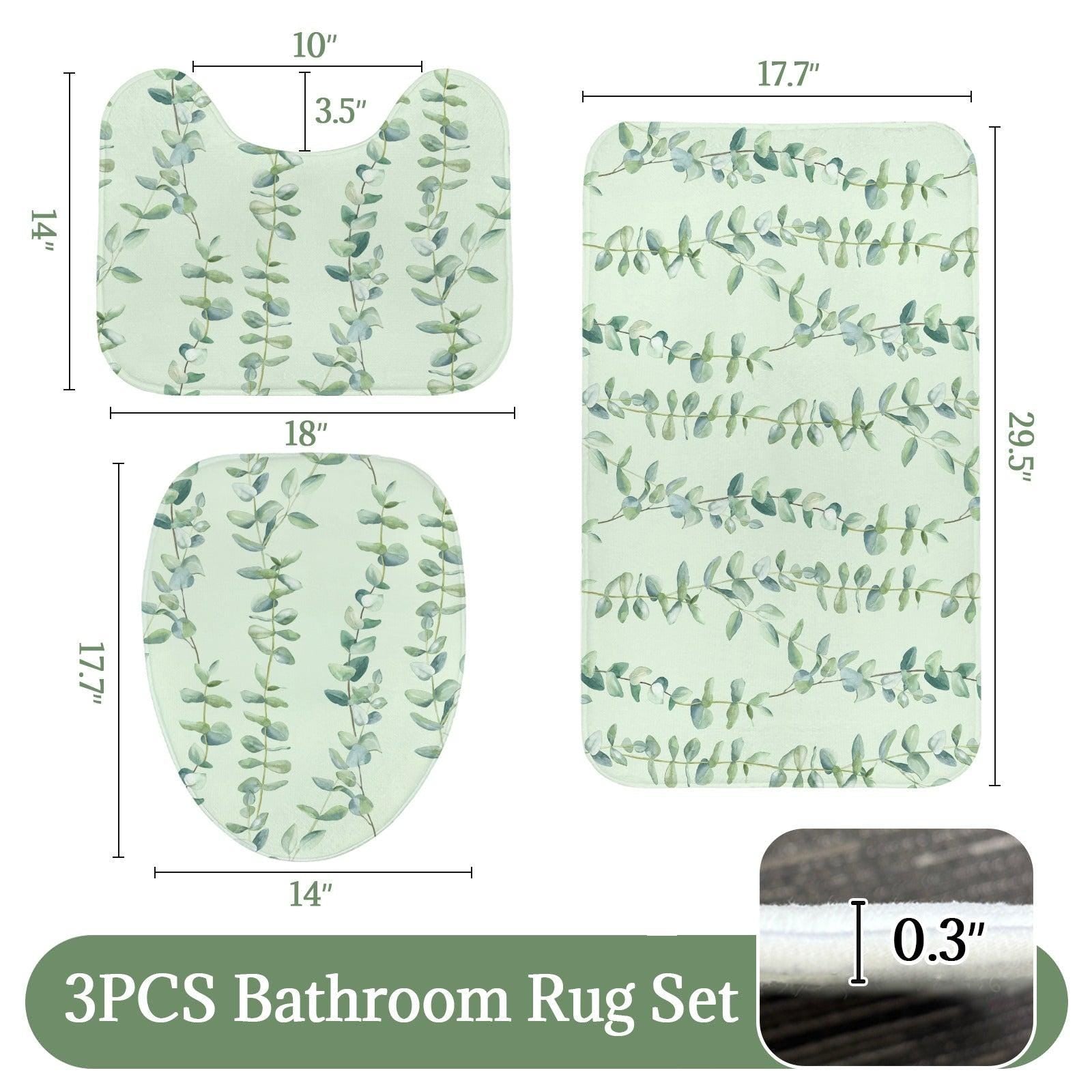 Eucalyptus Bathroom Rug Set, Sage Green Leaf Bath Mat, 3-Piece Spa Style Toilet Rug
