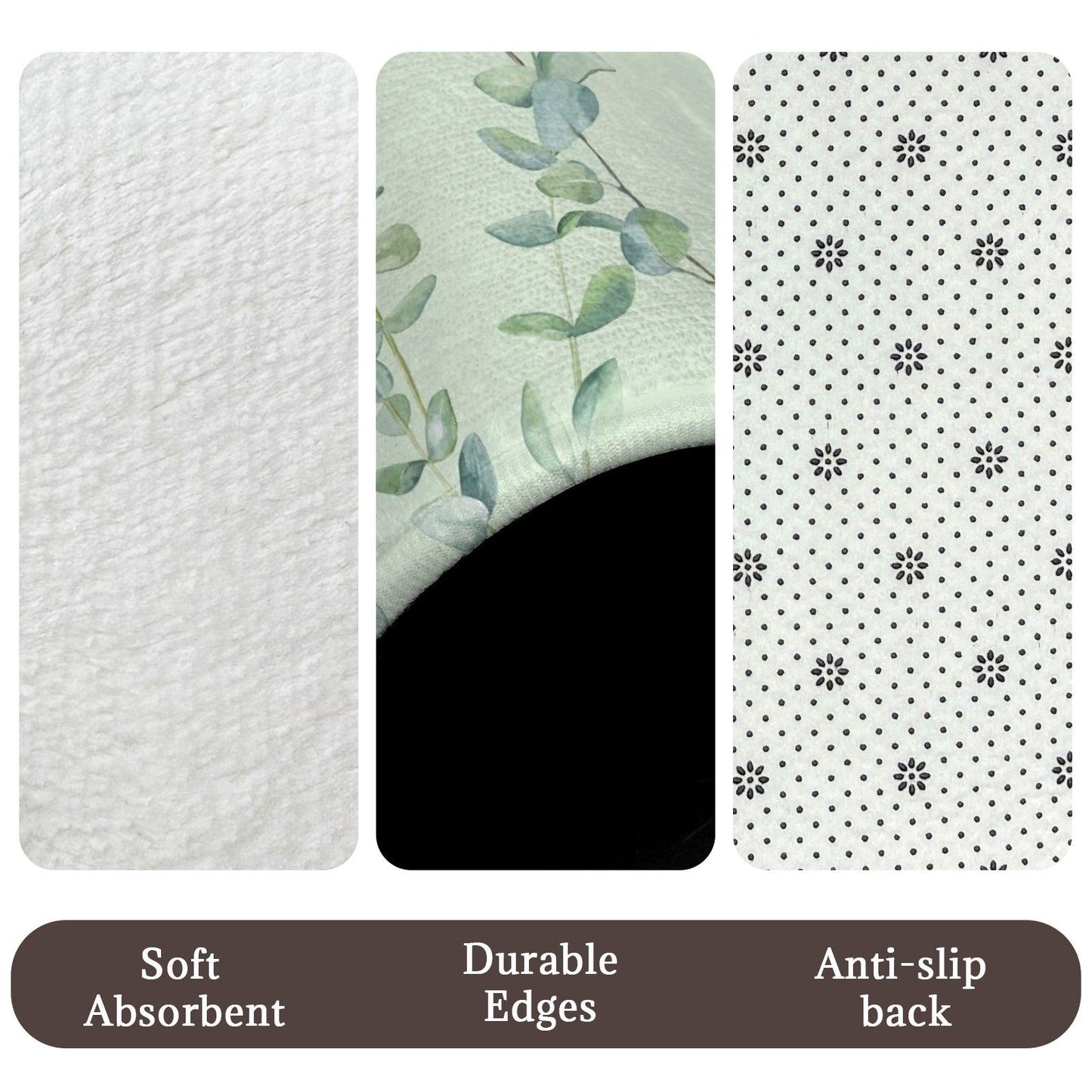 Eucalyptus Bathroom Rug Set, Sage Green Leaf Bath Mat, 3-Piece Spa Style Toilet Rug