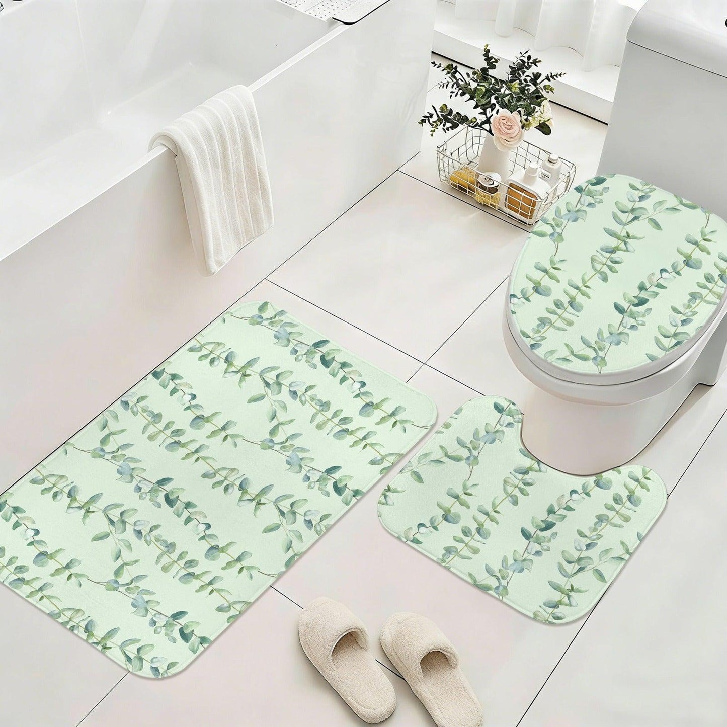 Eucalyptus Bathroom Rug Set, Sage Green Leaf Bath Mat, 3-Piece Spa Style Toilet Rug