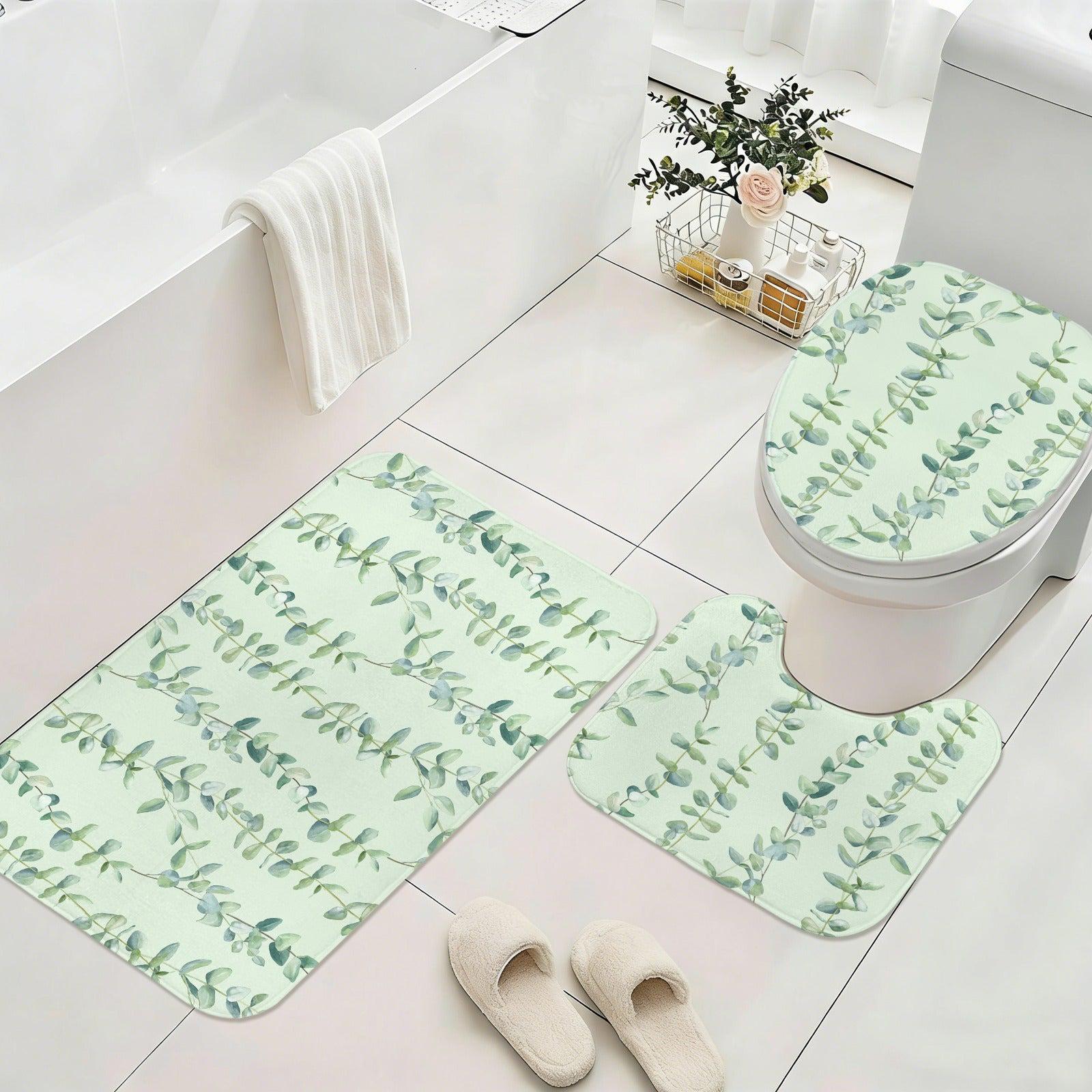 Eucalyptus Bathroom Rug Set, Sage Green Leaf Bath Mat, 3-Piece Spa Style Toilet Rug