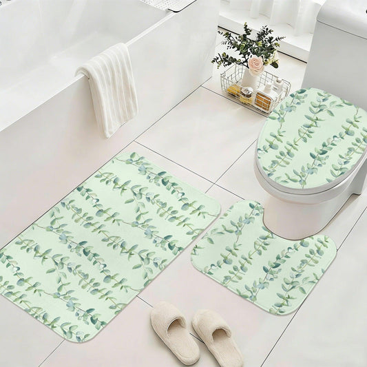 Eucalyptus Bathroom Rug Set, Sage Green Leaf Bath Mat, 3-Piece Spa Style Toilet Rug