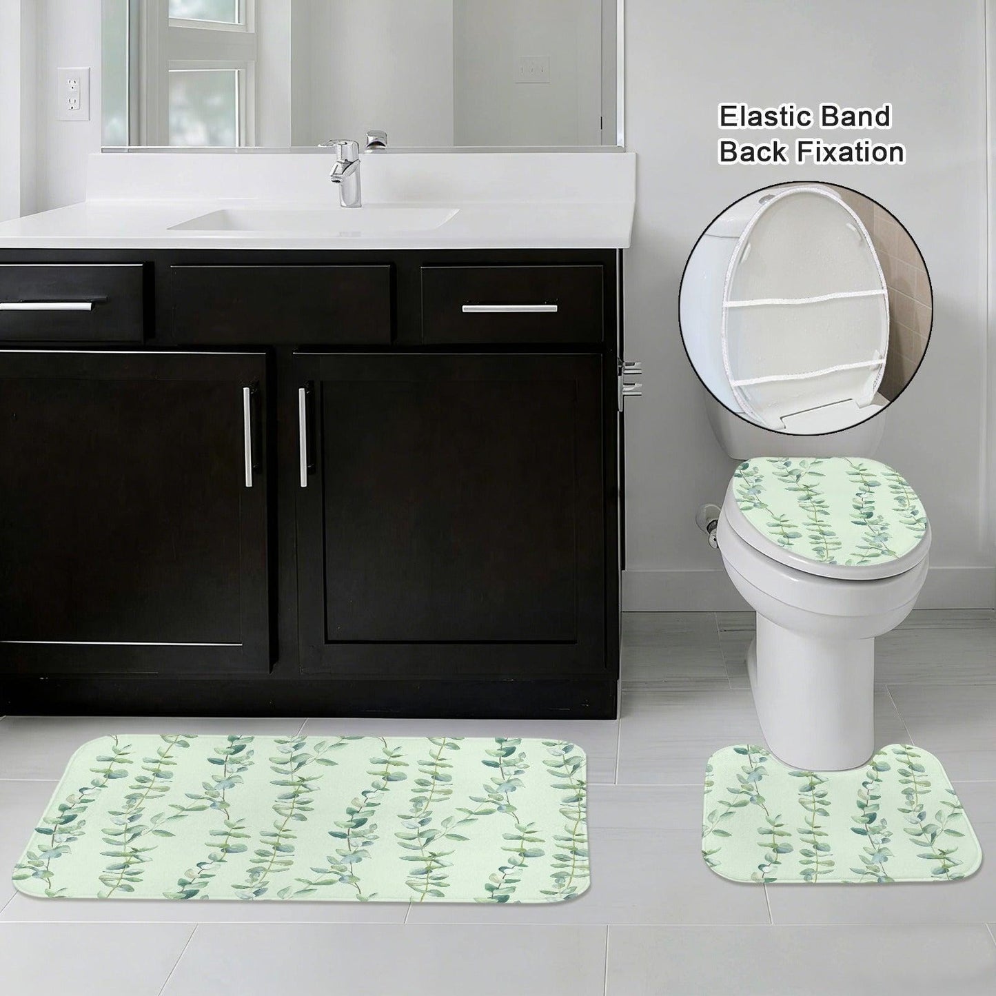 Eucalyptus Bathroom Rug Set, Sage Green Leaf Bath Mat, 3-Piece Spa Style Toilet Rug