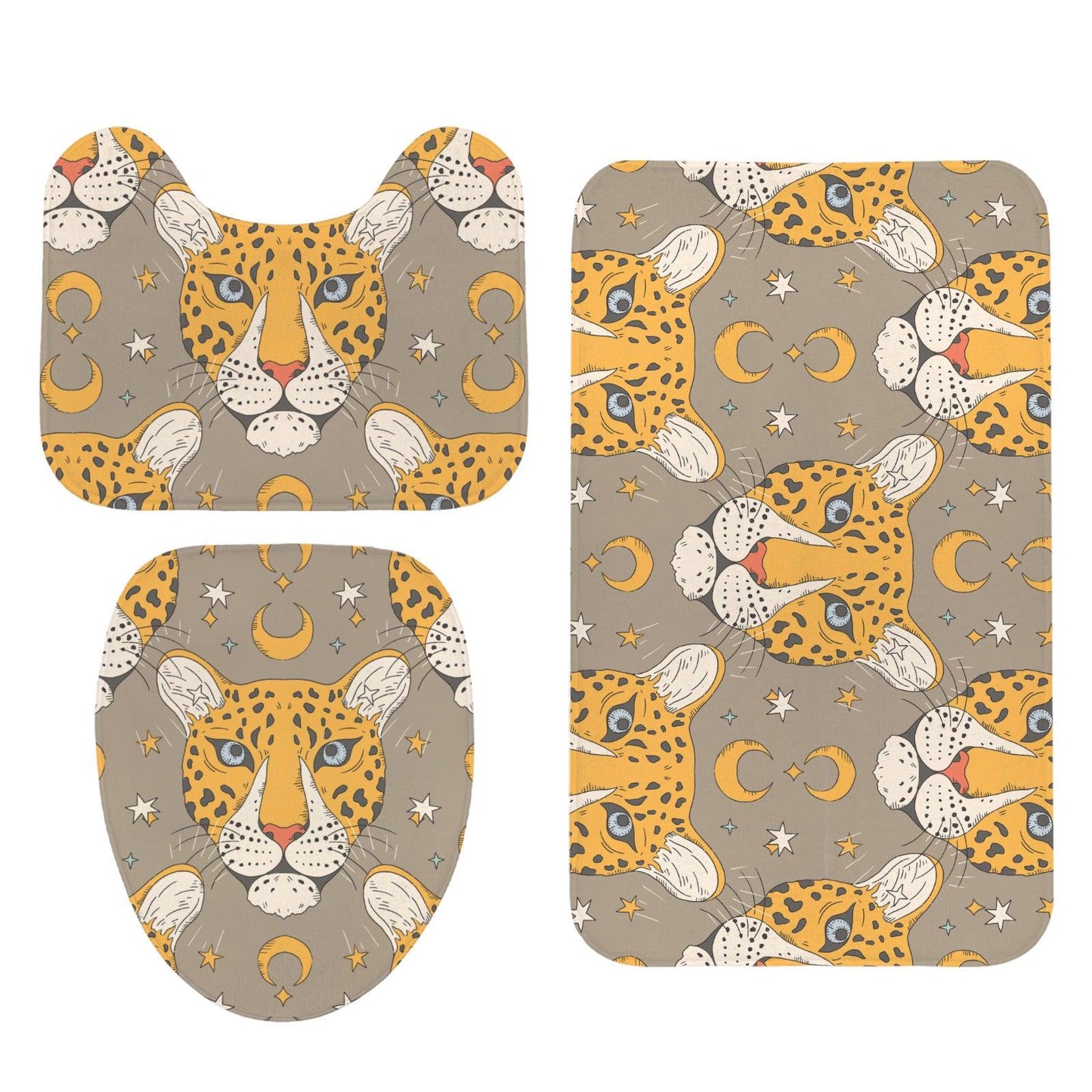 Celestial Leopard Bath Mat Set, Boho Safari Moon Rugs, Wild Cat Toilet Contour Mat