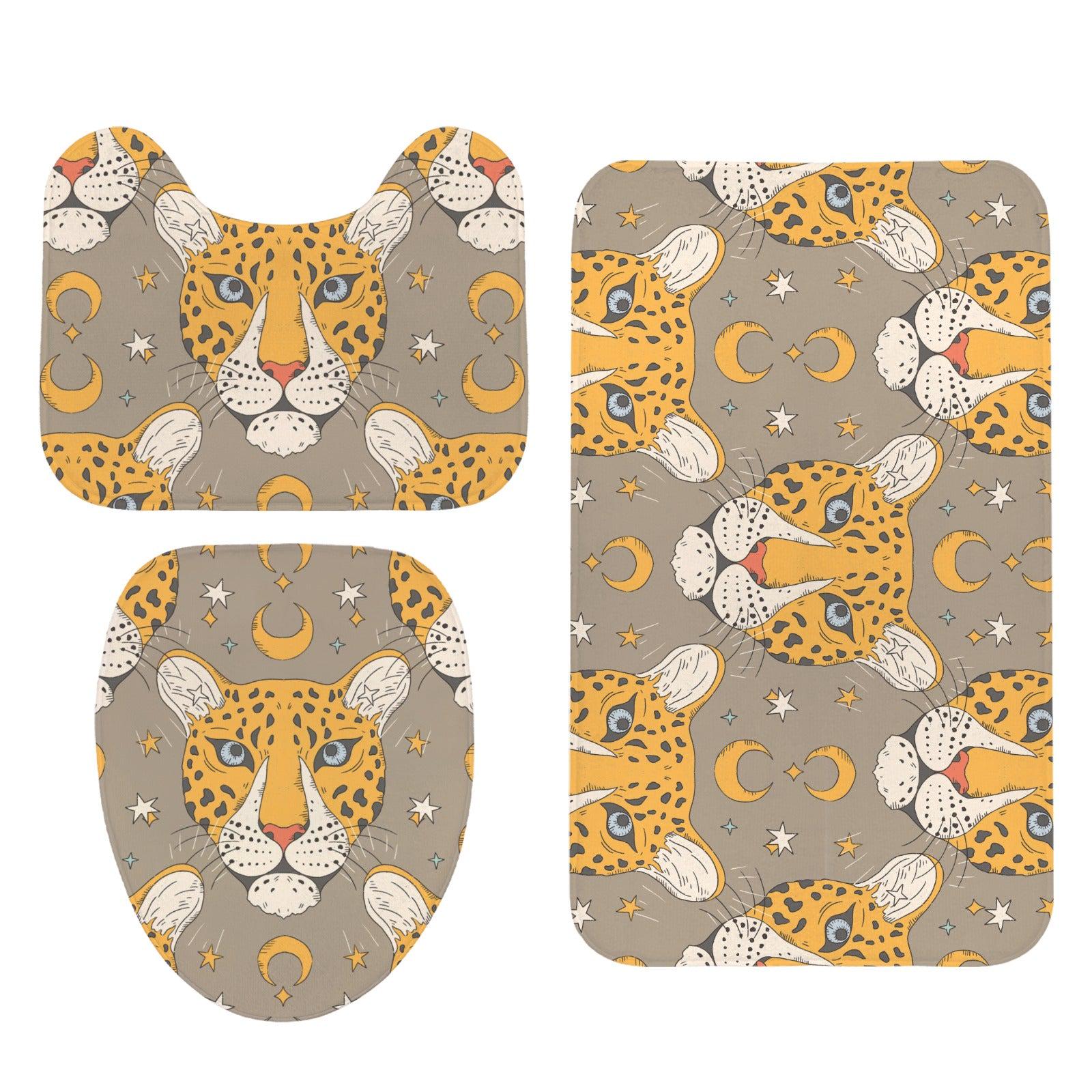 Celestial Leopard Bath Mat Set, Boho Safari Moon Rugs, Wild Cat Toilet Contour Mat