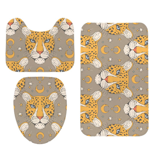 Celestial Leopard Bath Mat Set, Boho Safari Moon Rugs, Wild Cat Toilet Contour Mat