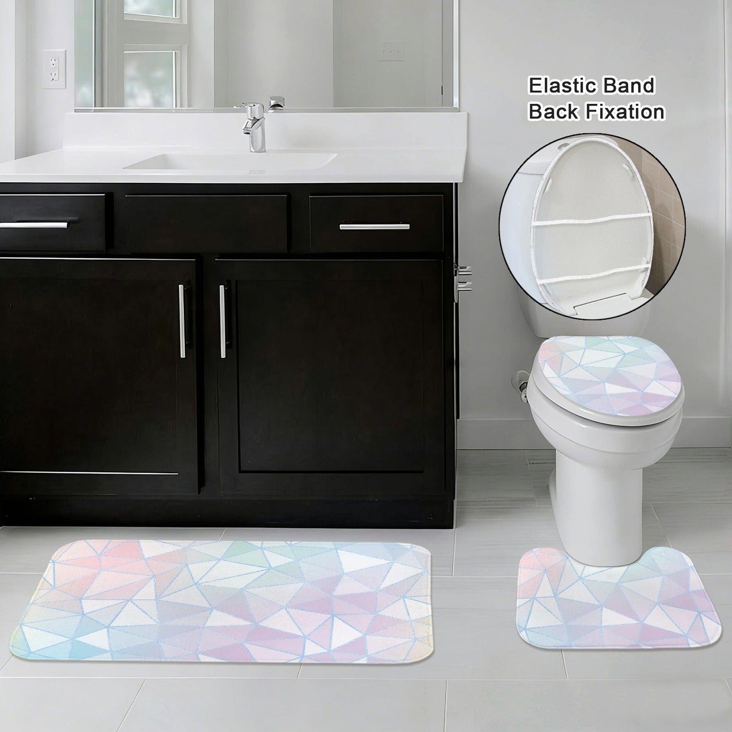 Geometric Pastel Prism Bathroom Rug Set: Modern Abstract 3-Piece Decor