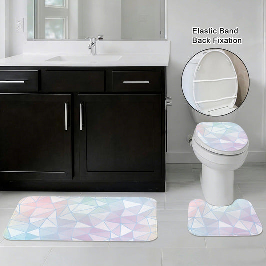 Geometric Pastel Prism Bathroom Rug Set: Modern Abstract 3-Piece Decor