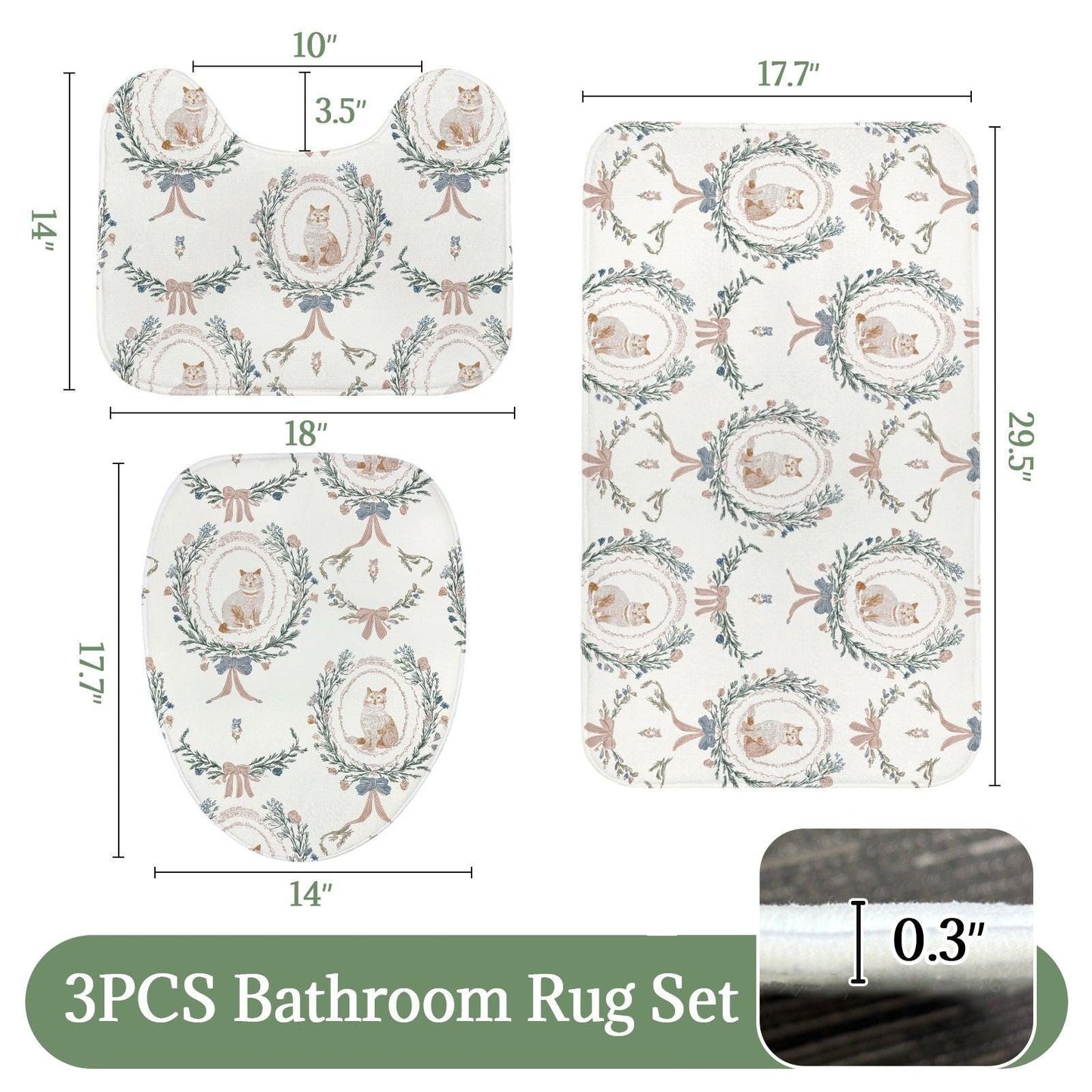 Cat Lover Bathroom Rug Set, Vintage Toile Floral Toilet Mat, Cottage Kitten Decor